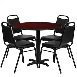 Emma + Oliver - 36" Round Laminate X-Base Table Set with 4 Banquet Chairs - Mahogany Top/Black Vinyl Seat