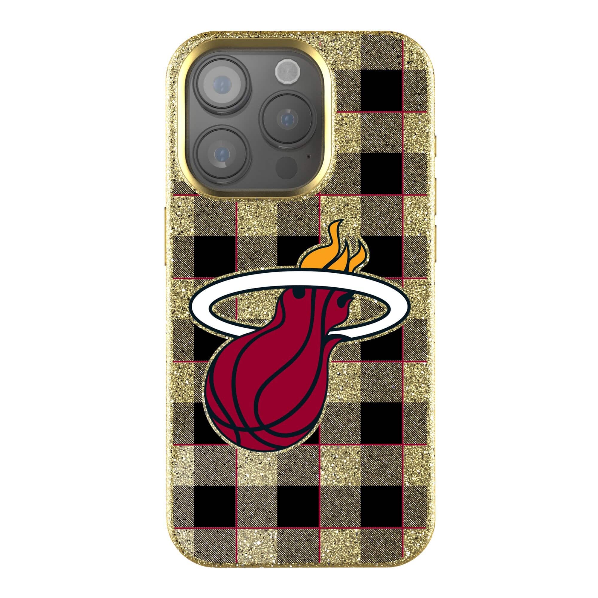 Front. Keyscaper - Miami Heat Plaid Bling iPhone Case - 14 Pro Max - Gold.