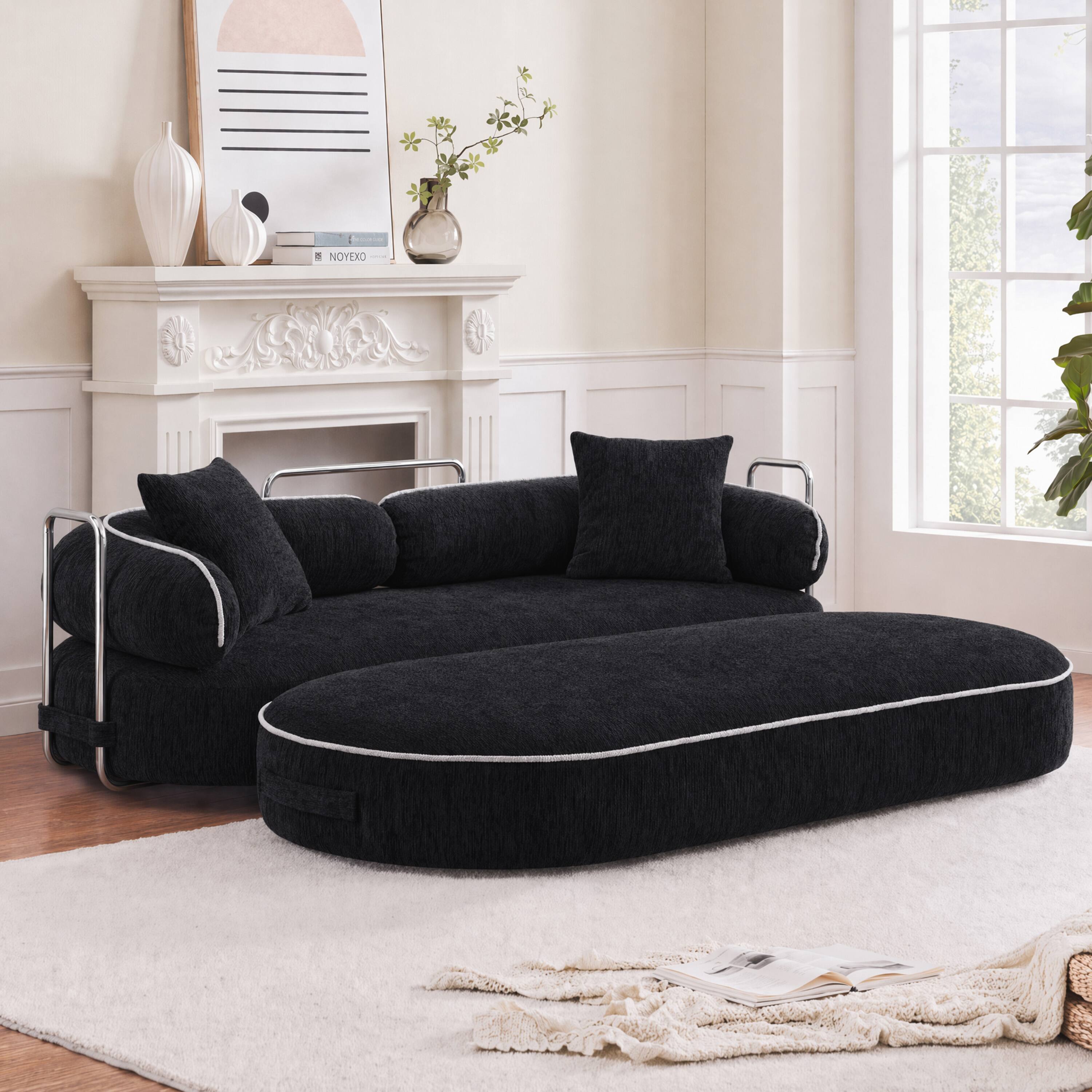 Left. Vipbear - Curved Loveseat with 4 Pillows, Modern Boneless Couch, Convertible Sleeper Sofa Bed - black.