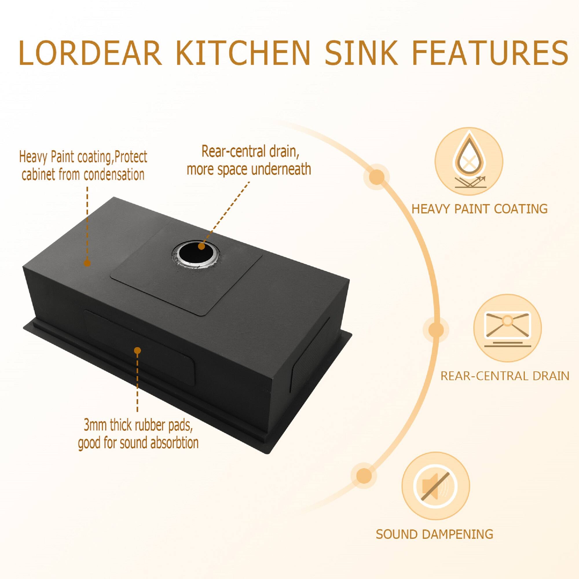LORDEAR KITCHEN SINK FEATURES

- Heavy Paint Coating: Protects cabinet from condensation
- Rear-Central Drain: More space underneath
- 3mm Thick Rubber Pads: Good for sound absorption