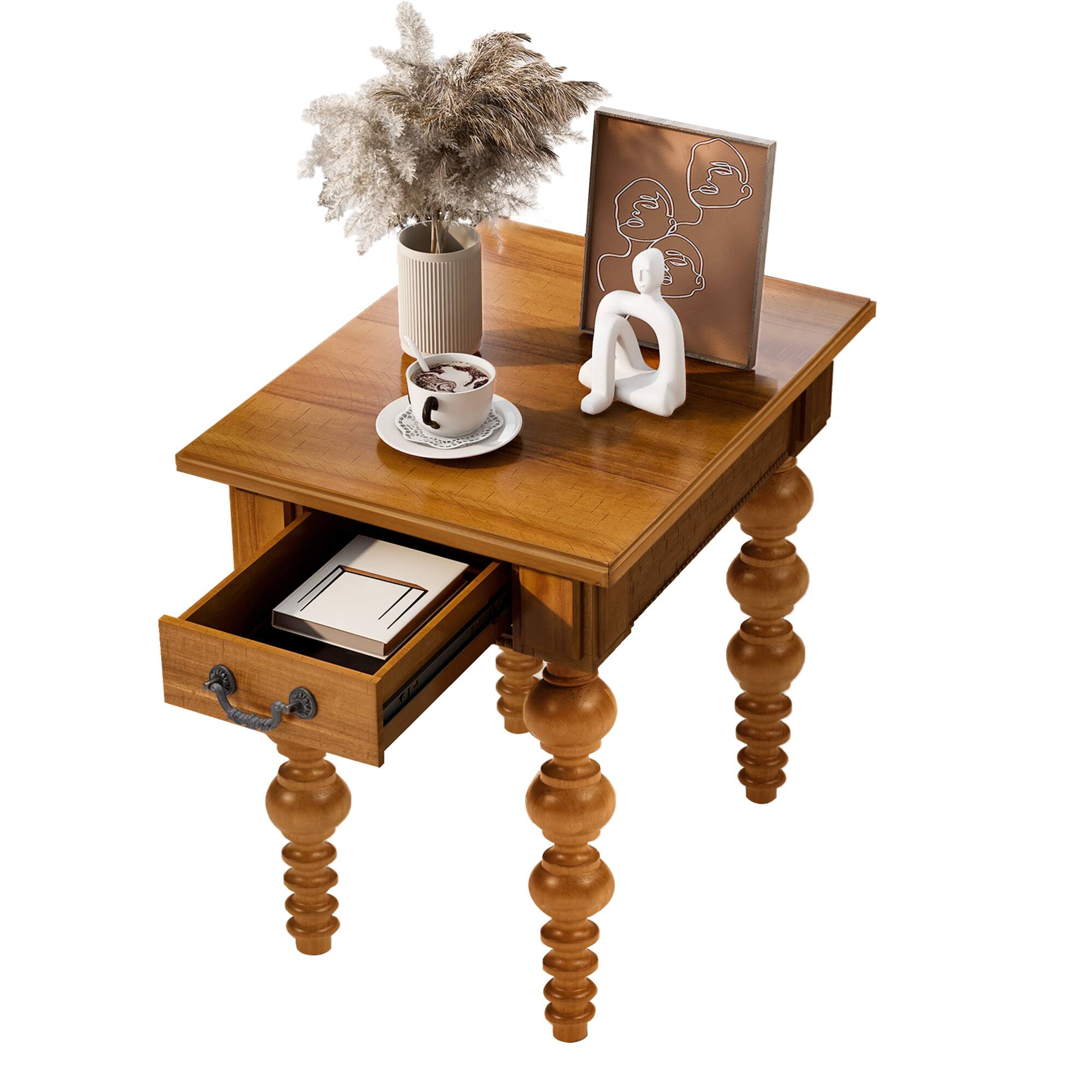 Angle. GOODSILO - Solid Wood End Table with Drawer, Vintage Narrow Sofa Side Table for Living Room - Natural.