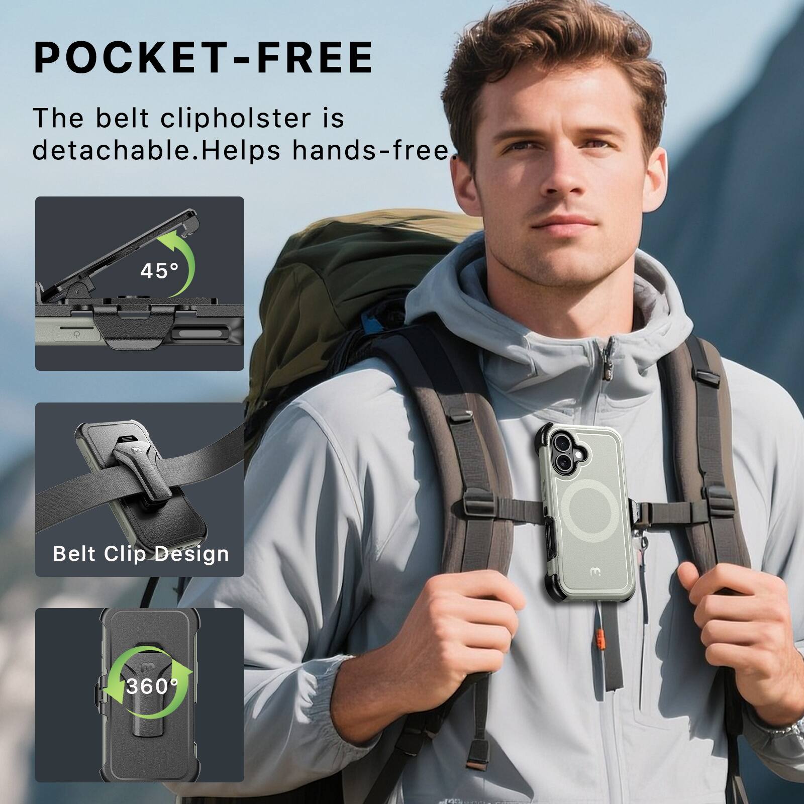 POCKET-FREE

The belt clip holster is detachable. Helps hands-free.

45°

Belt Clip Design

360°