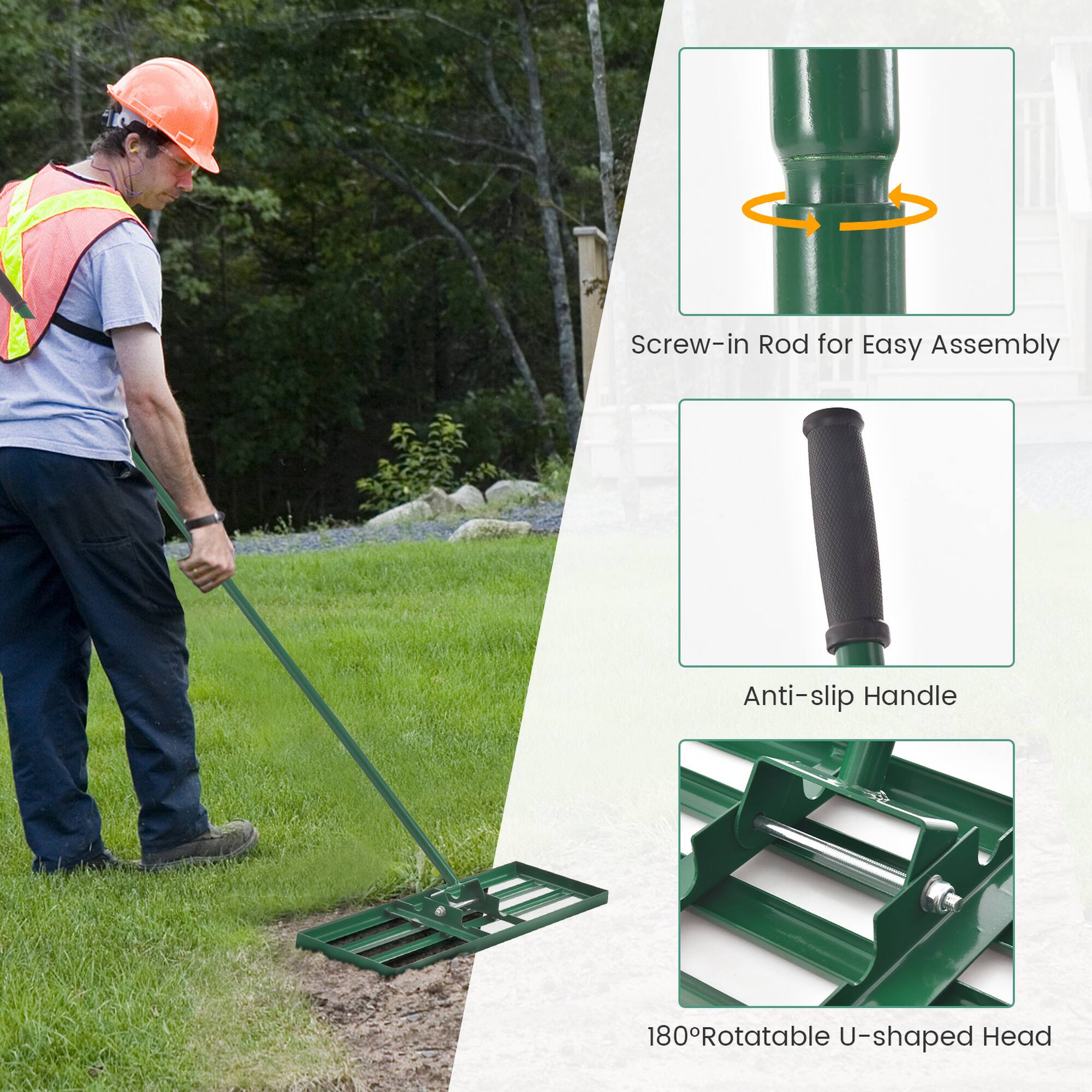 The image features a man wearing an orange hard hat, holding a green tool. The tool is described as a screw-in rod for easy assembly, with an anti-slip handle and a 180-rotatable U-shaped head. The man is standing in a grassy area, possibly working on a project or performing maintenance.