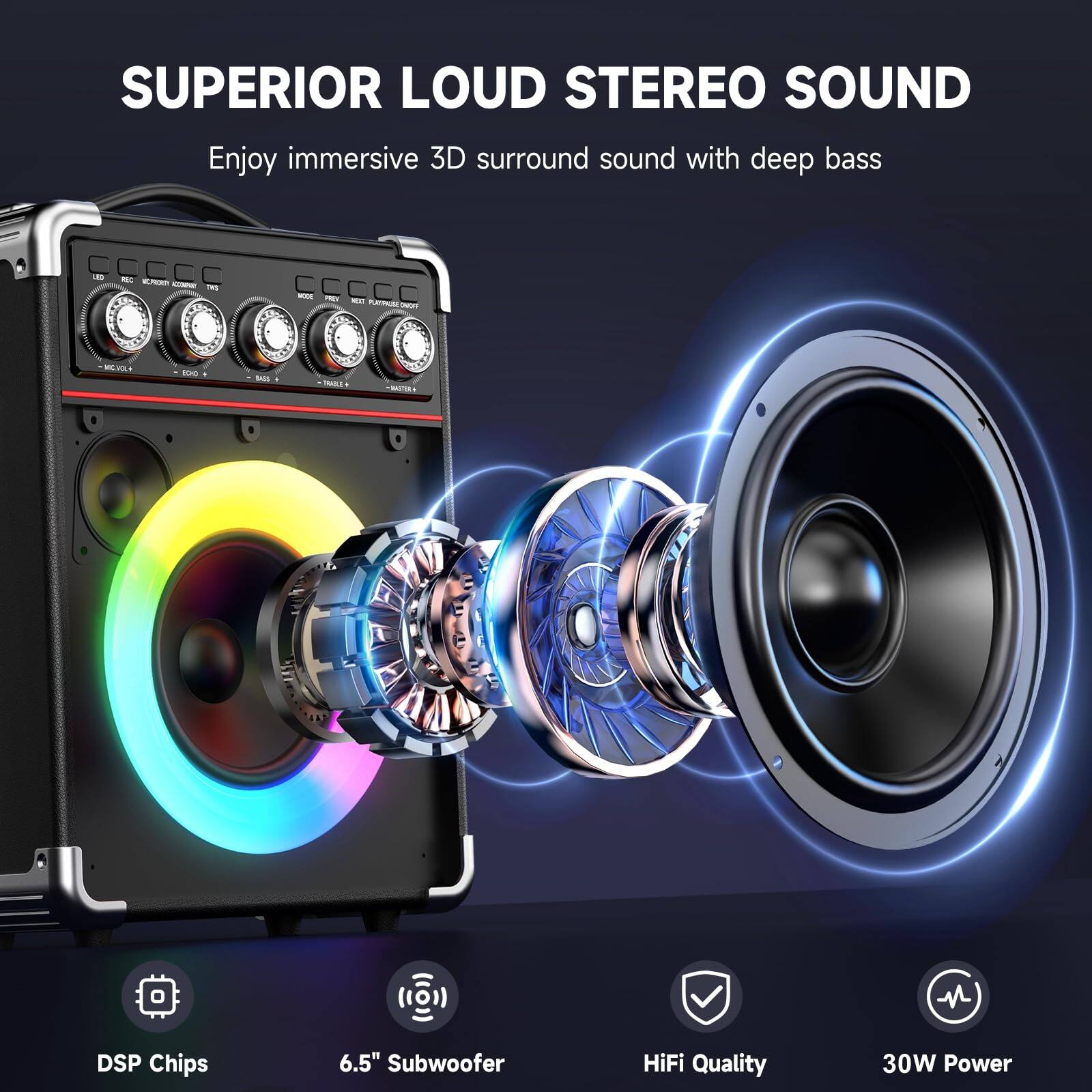 SUPERIOR LOUD STEREO SOUND

Enjoy immersive 3D surround sound with deep bass

- DSP Chips
- 6.5" Subwoofer
- HiFi Quality
- 30W Power