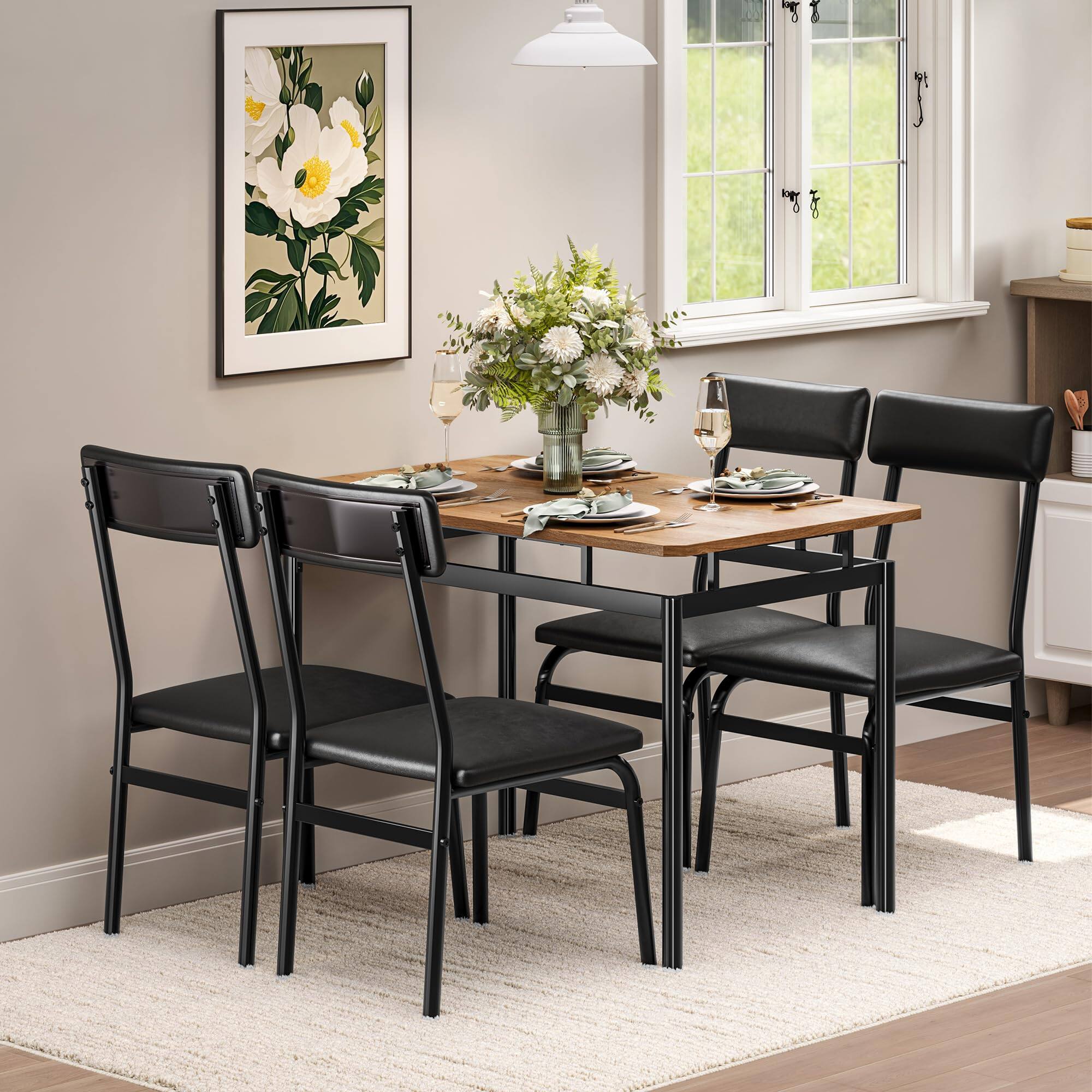 Front. Homhougo - Modern 5-Piece Dining Set – Upholstered Chairs, Faux Leather, Space-Saving Table - Black.