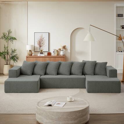 Front. Boyel Living - 128 in. Wide Straight Arm Chenille U-Shaped Minimalist Style Modular Sectional Sofa Set in. Gray with Fixed Cushions - Gray.