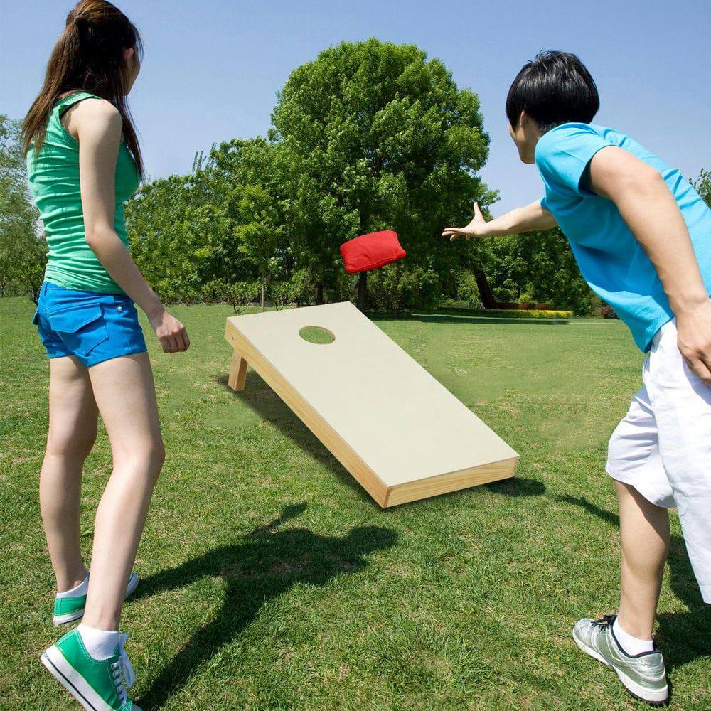 Angle. Resenkos - Solid Wood Cornhole Board Set Portable Corn Hole Game - Includes 8 Bean Bags Size M Outdoor Party Toy - Natural.