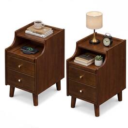 Gymax - 2Pcs Wood Nightstand w/ 2 Drawers Narrow Bedside Table w/ Pull-out Tray - Brown