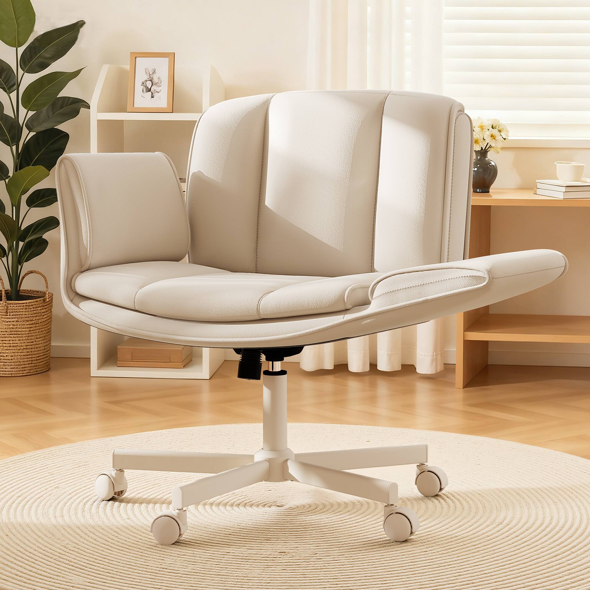 Alt View 9. KERDOM - 4 in 1 Cross-Legged Chair with Wheels & Expandable Arms, PU Leather Wide Seat Vanity Chair, Home Office Computer Chair - Beige.