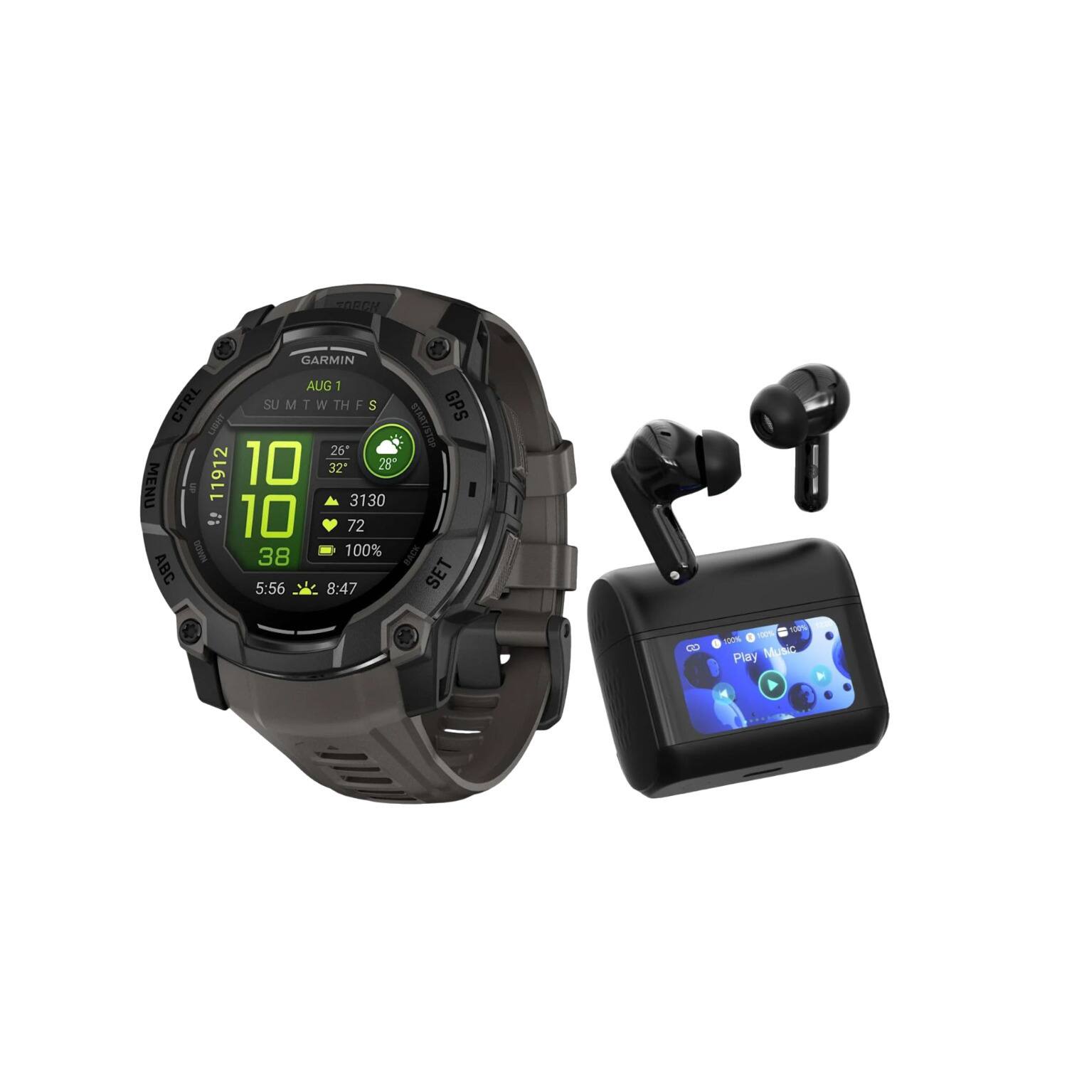 TORCH  
GARMIN AUG 1 CTRL LIGHT SUM T W TH F S  
START START/STOP GPS 26 11912 10 32 28 MENU US 10 3130 72 DOWN 38 100% BACK ABC 5:56 8:47 SET  
100% 100% 100% o Play Music
