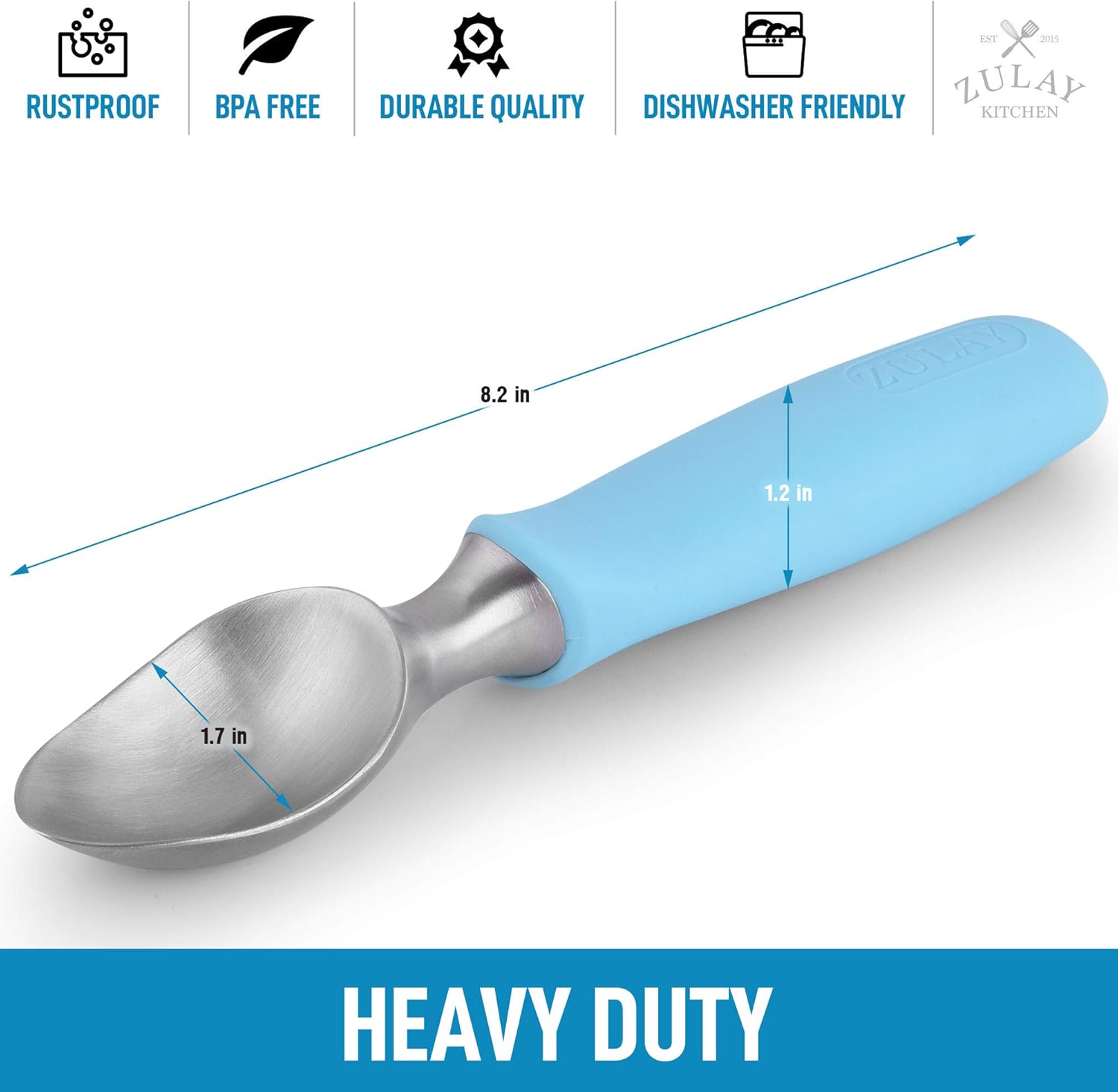 RUSTPROOF  
BPA FREE  
DURABLE QUALITY  
DISHWASHER FRIENDLY  

ZULAY KITCHEN  

8.2 in  
1.7 in  
1.2 in  

HEAVY DUTY