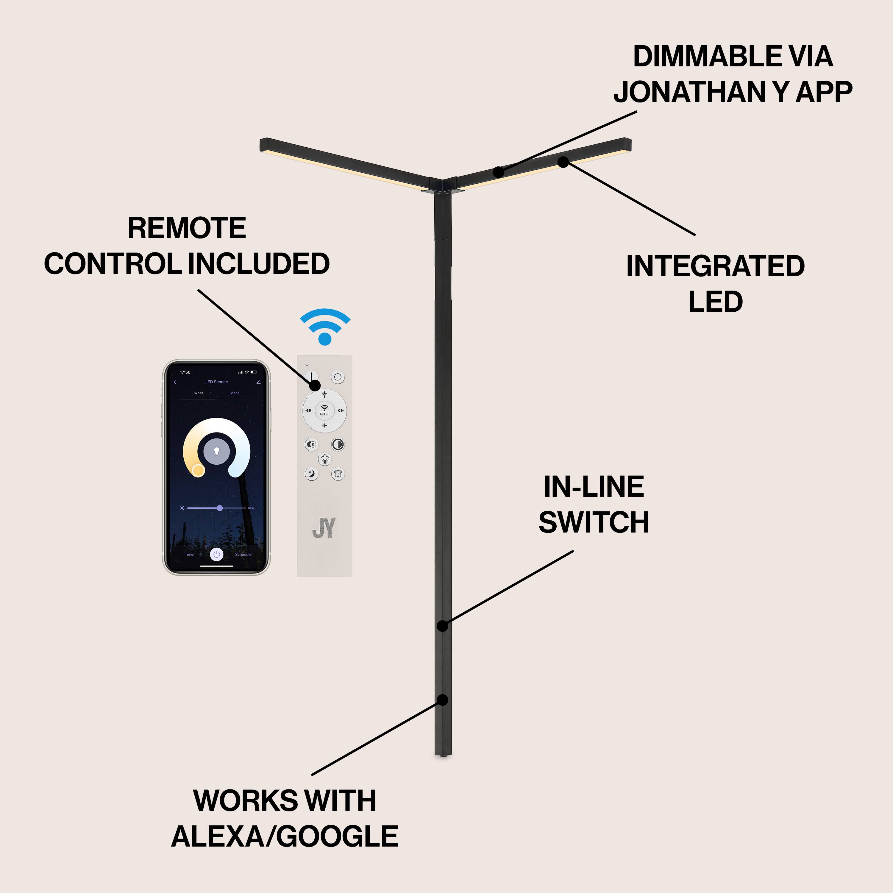 DIMMABLE VIA JONATHAN Y APP  
REMOTE CONTROL INCLUDED  
INTEGRATED LED  
IN-LINE SWITCH  
WORKS WITH ALEXA/GOOGLE