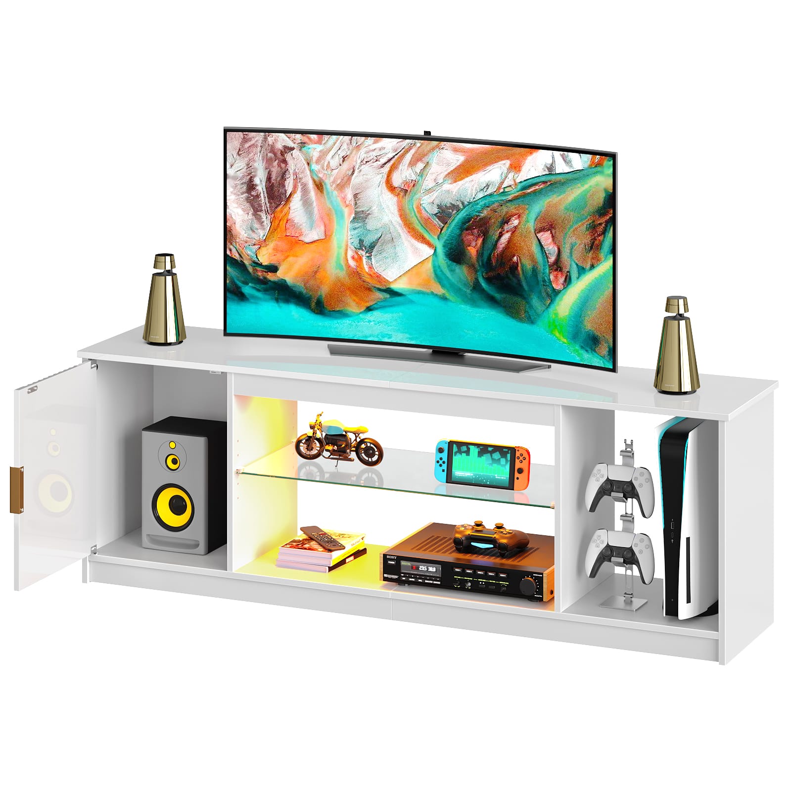 Front. Bestier - Bestier 57" Gaming TV Stand with Adjustable Shelves LED-Lit TV Console for 65-Inch TVs with Cabinet Storage - White.