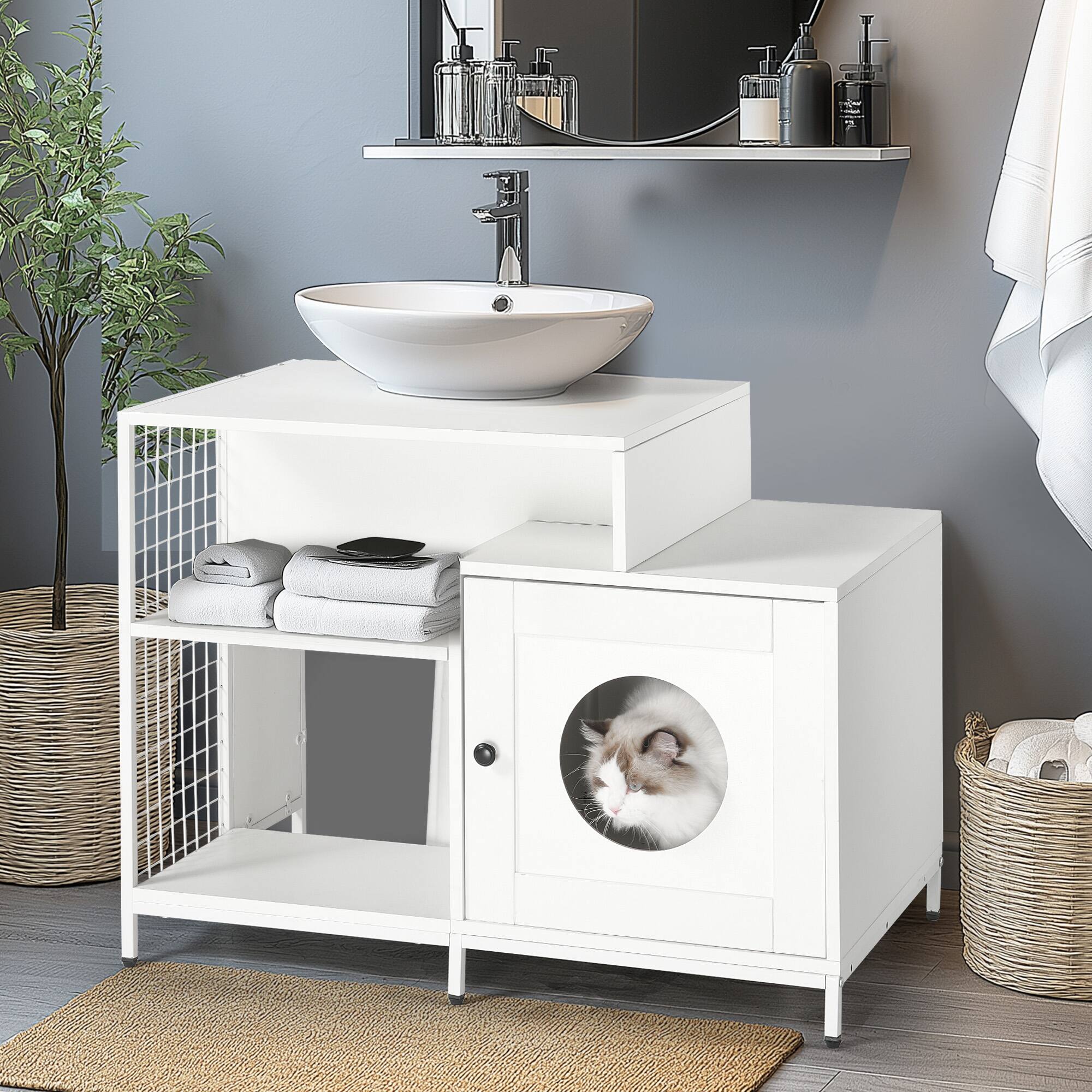 Back. APRILSOUL - Cat Litter Box Enclosure for Bathroom Hidden Pet Washroom Indoor Cat House for Large Cats White - White.