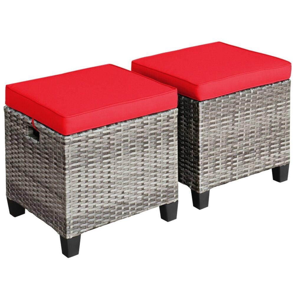 Back. Pefilos - 2PCS Rattan Wickr Ottoman Sat, Patio Ottoman Sat with Rmovabl Cushions, 2 In 1 Ottoman Sat for Outdoor as Balcony, - Red.