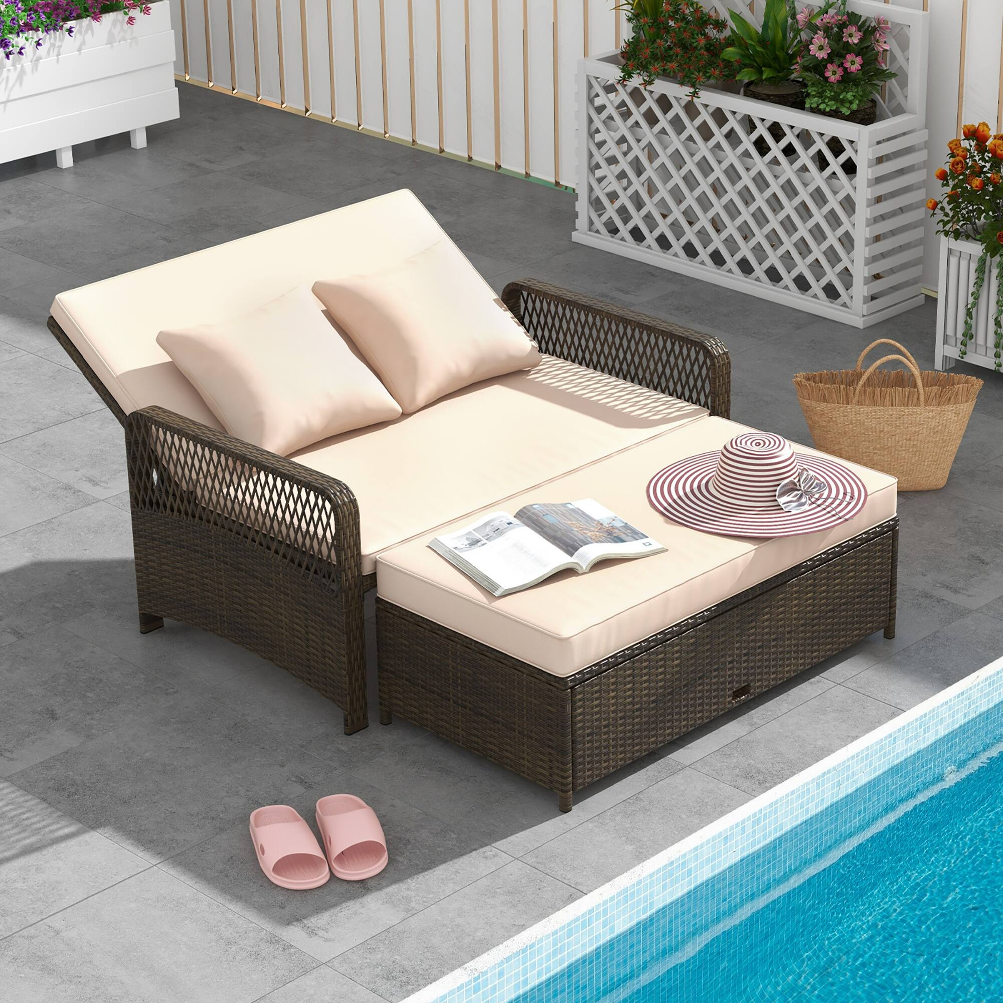 Alt View 1. Gymax - Gymax Patio Rattan Daybed Wicker Loveseat Sofa w/ Multifunctional Ottoman Beige - Beige.