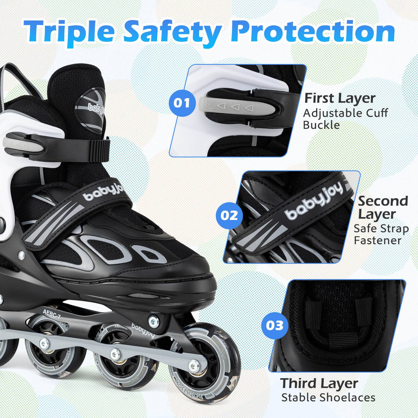 Triple Safety Protection

01 First Layer Adjustable Cuff Buckle

02 Second Layer Safe Strap Fastener

03 Third Layer Stable Shoelaces