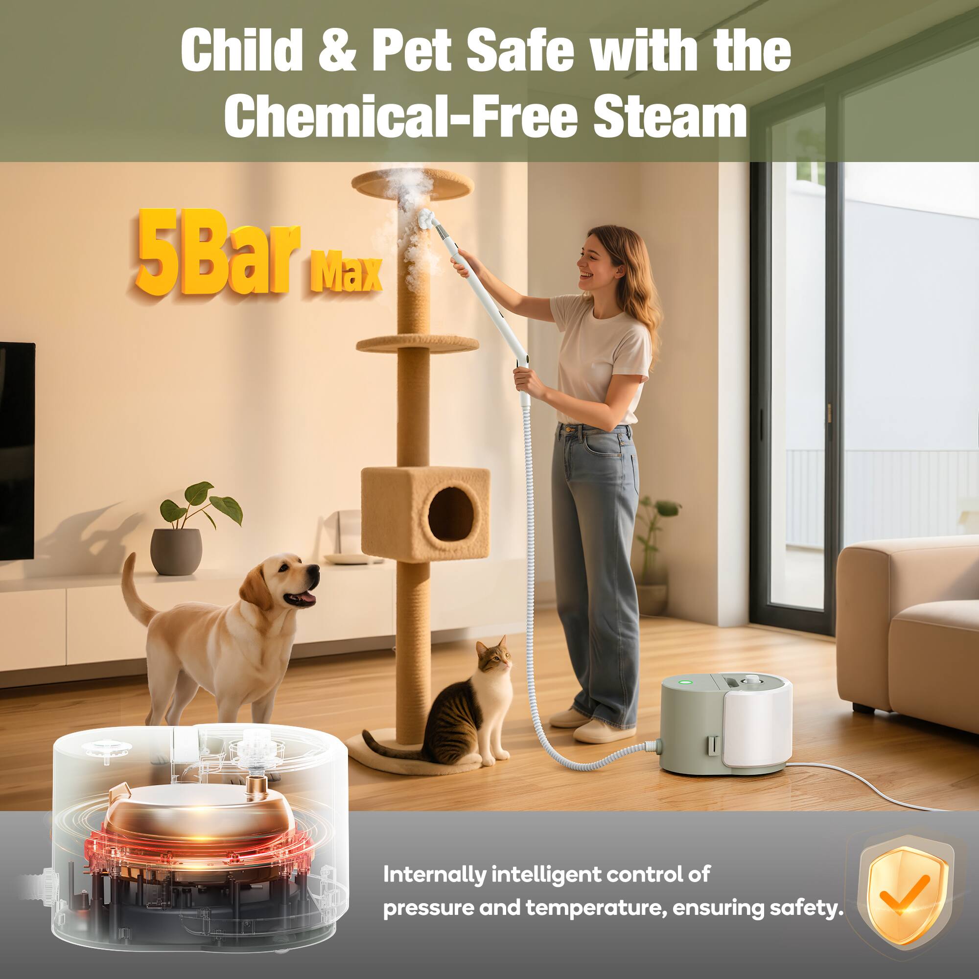Child & Pet Safe with the Chemical-Free Steam
5Bar Max
Internally intelligent control of pressure and temperature, ensuring safety.