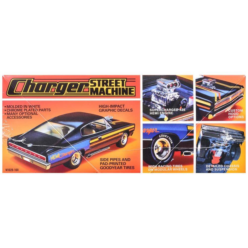 Sure, here is the corrected and grouped text from the image:

---

**Charger Street Machine**

- Molded in White
- Chrome Plated Parts
- High-Impact Graphic Decals
- Supercharged 426 Hemi Engine
- Many Optional Accessories
- Custom Hood Options
- Side Pipes and Pad-Printed Goodyear Tires
- Wide Racing Tires on Modular Wheels
- Detailed Chassis and Suspension

**M1028-100**

---

This text is organized to reflect the features and details of the model car as shown on the packaging.
