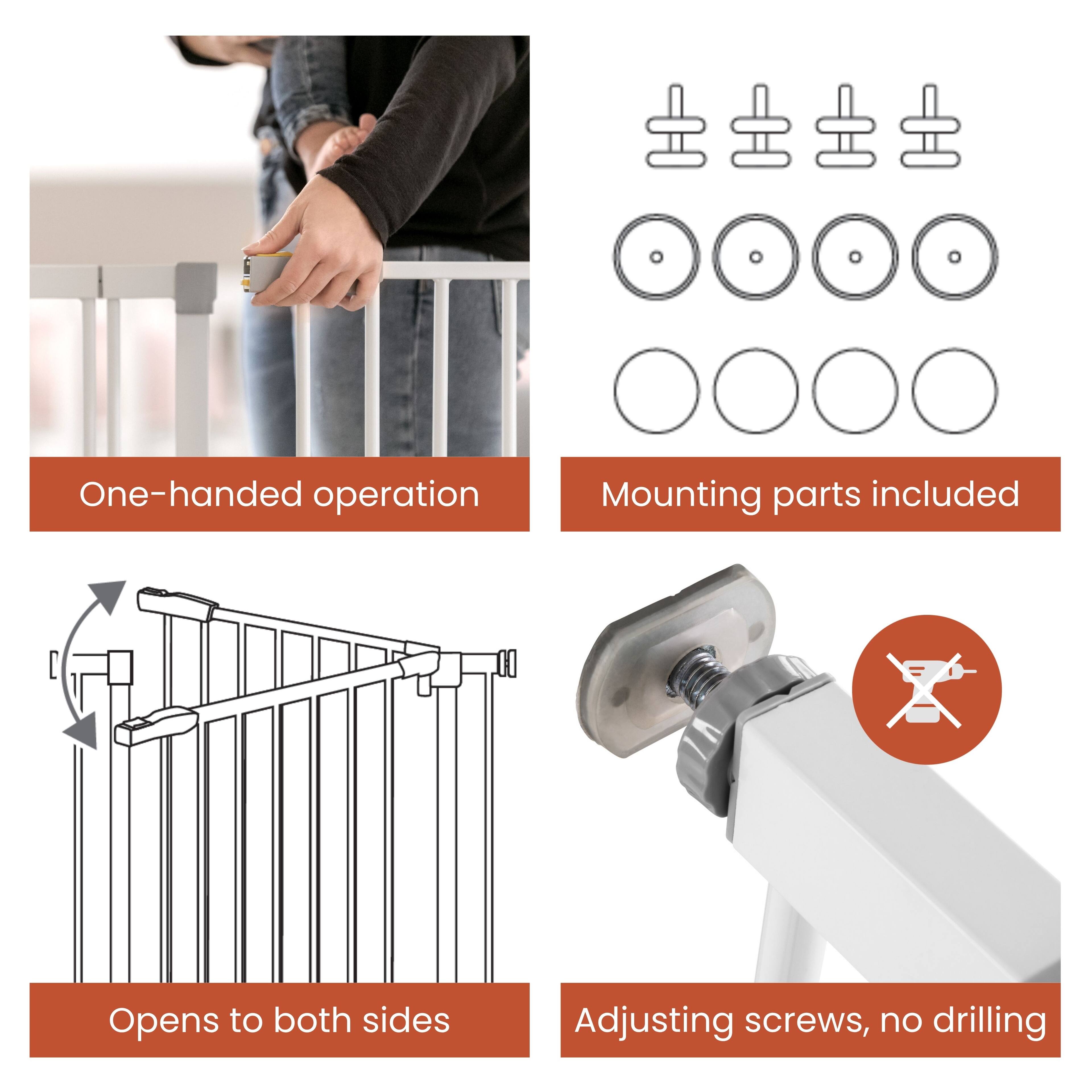 One-handed operation  
Mounting parts included  
Opens to both sides  
Adjusting screws, no drilling