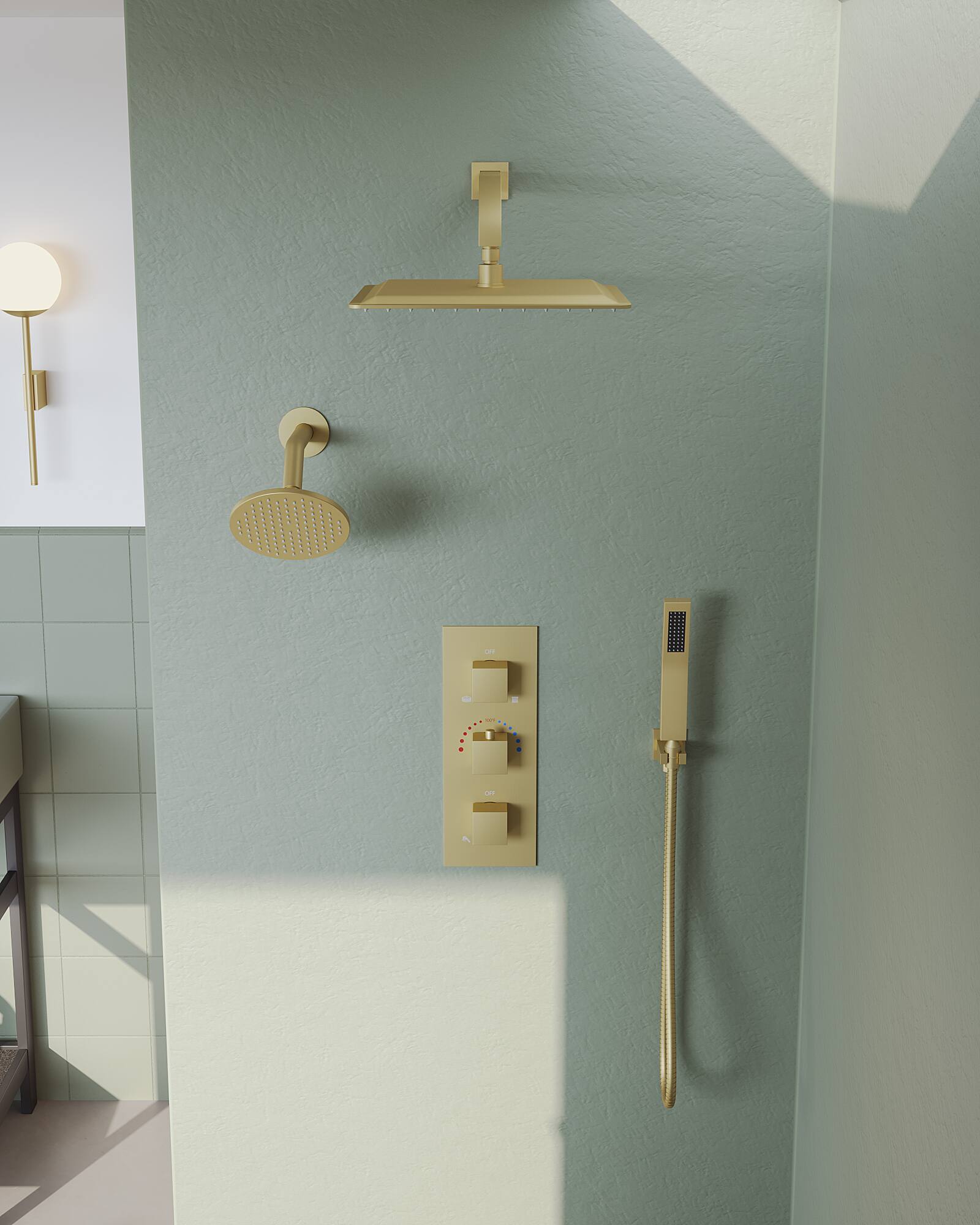 Angle. GRANDJOY - Thermostatic Dual Shower Faucet Kit with 10" Overhead Rain Shower and 59" Stainless Hose Handheld Shower Head - Chrome.