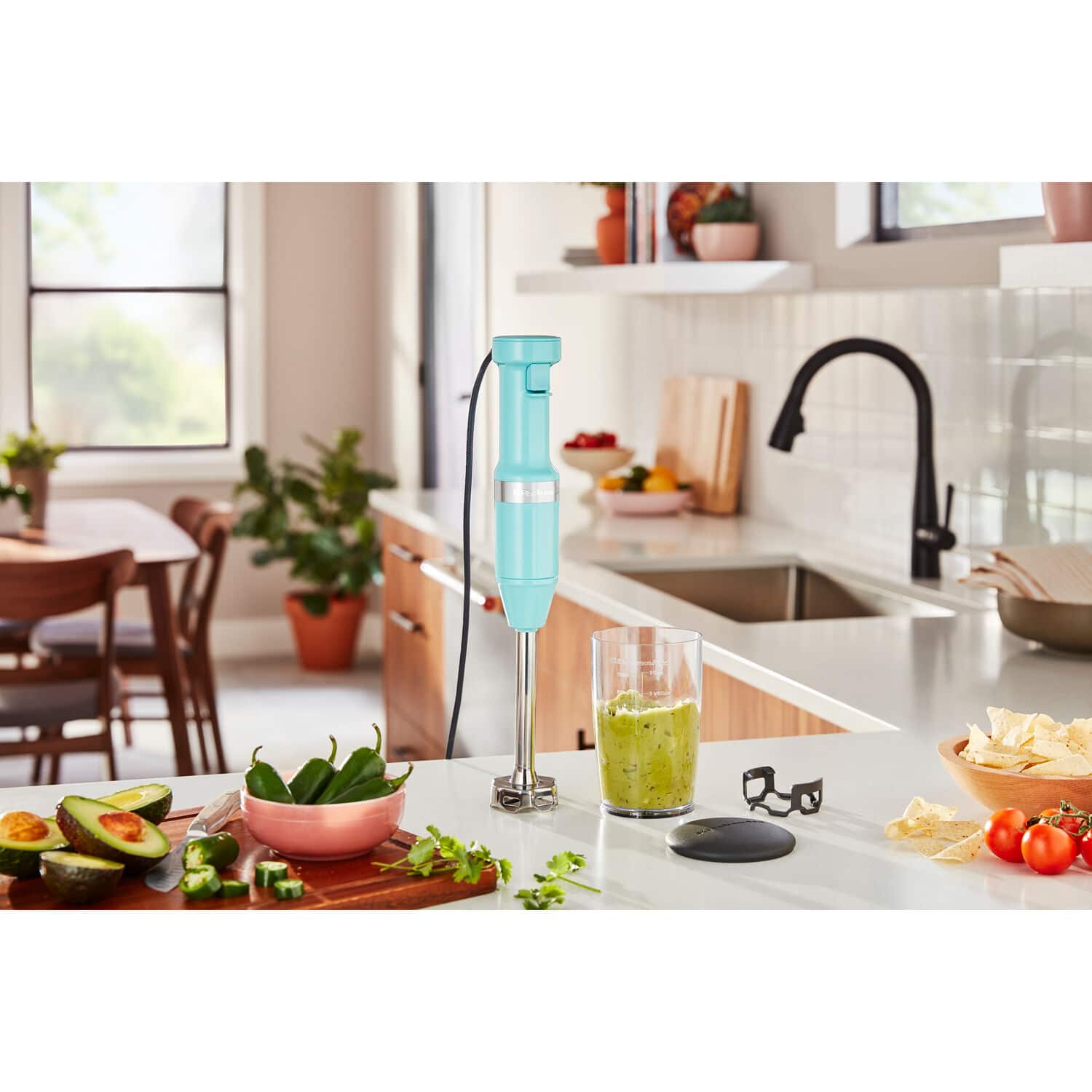 Left. KitchenAid - Corded Variable-Speed Immersion Blender in Aqua Sky with Blending Jar - Blue.