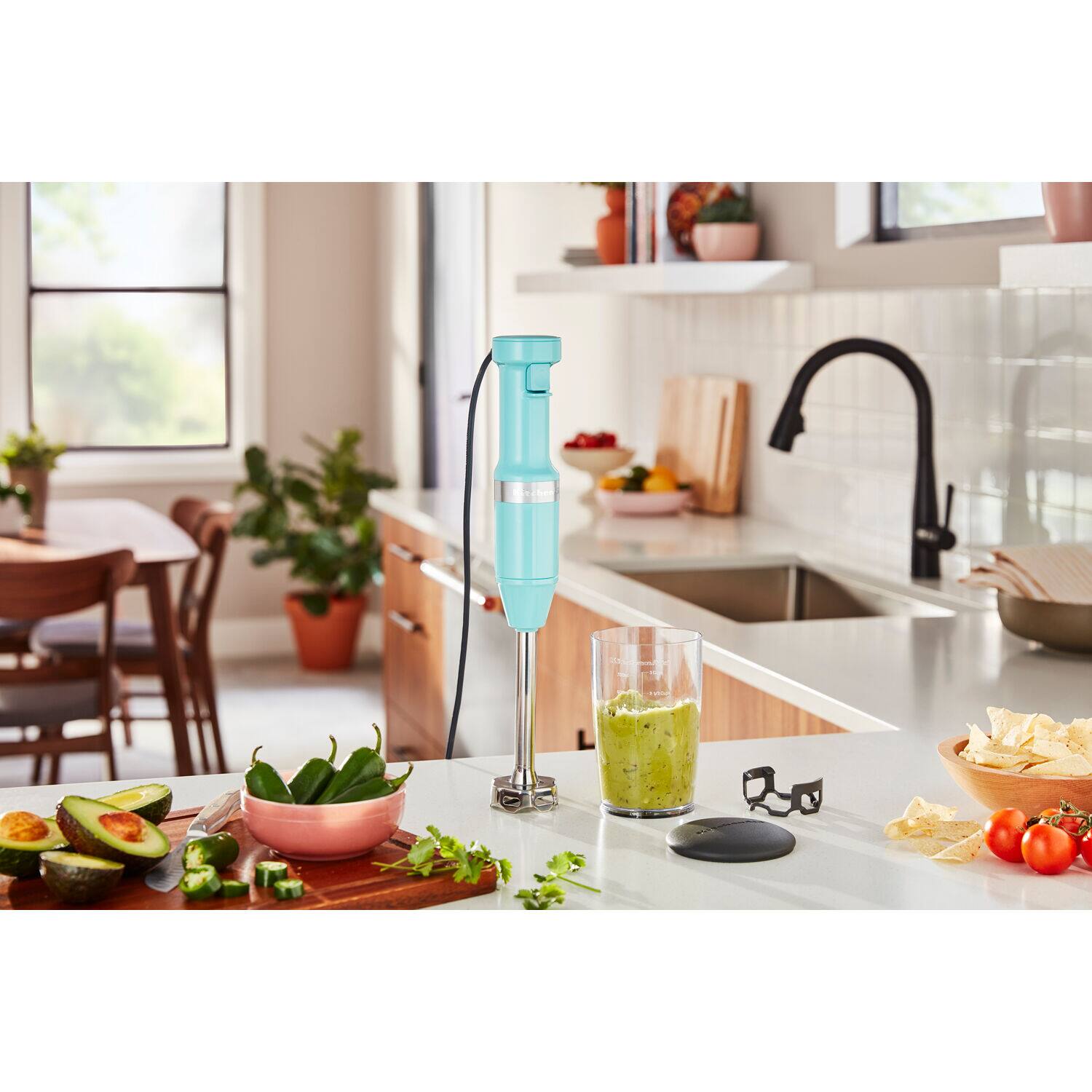 Left. KitchenAid - Corded Variable-Speed Immersion Blender in Aqua Sky with Blending Jar - Blue.