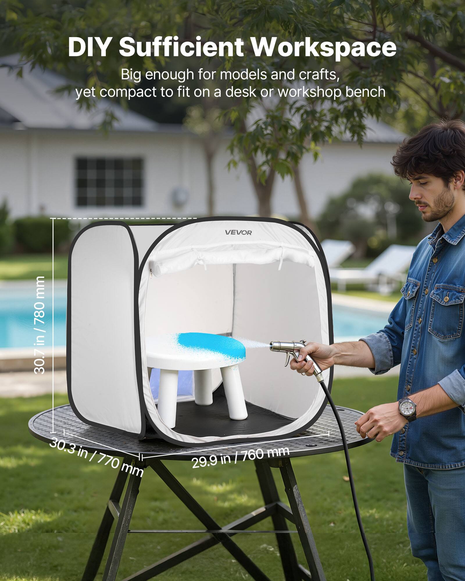 DIY Sufficient Workspace  
Big enough for models and crafts, yet compact to fit on a desk or workshop bench  

VEVOR  
30.7 in / 780 mm  
30.3 in / 770 mm  
29.9 in / 760 mm