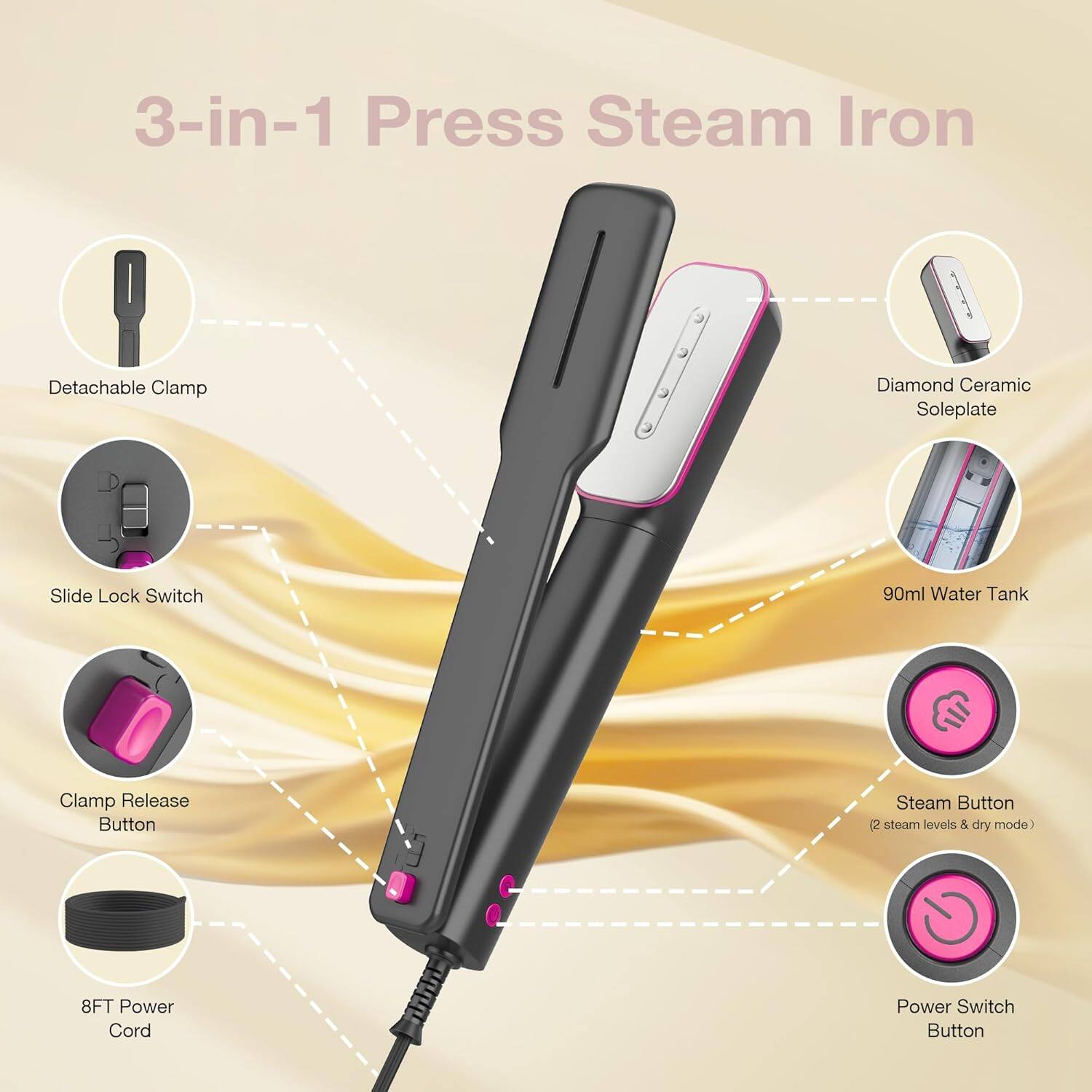 3-in-1 Press Steam Iron

- Detachable Clamp
- Slide Lock Switch
- Clamp Release Button
- 8FT Power Cord
- Diamond Ceramic Soleplate
- 90ml Water Tank
- Steam Button (2 steam levels & dry mode)
- Power Switch Button