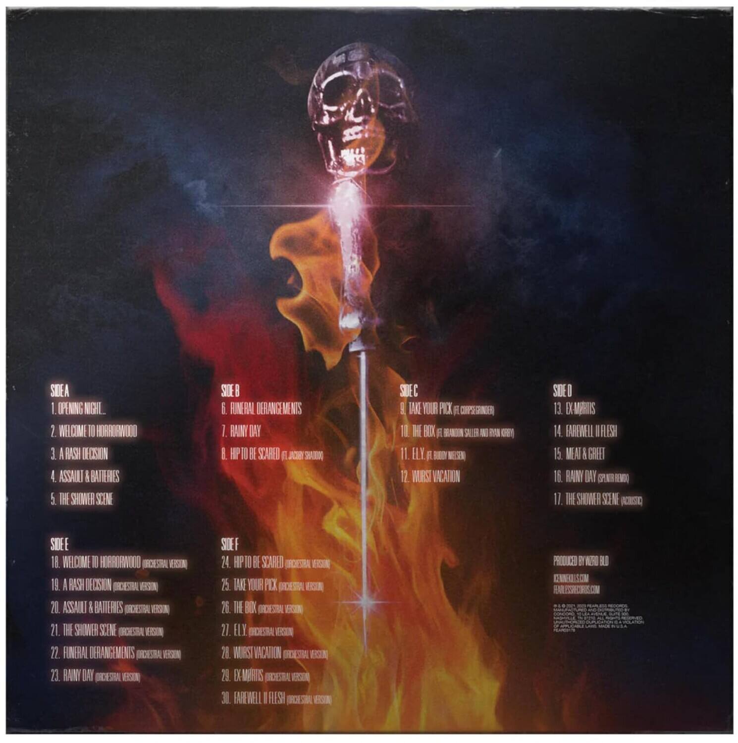 **SIDE A**  
1. OPENING NIGHT  
2. WELCOME TO HOLLYWOOD  
3. A RASH DECISION  
4. ASSAULT & BATTERIES  
5. THE SHOWER SCENE  

**SIDE B**  
6. FUNERAL DERANGEMENTS  
7. RAINY DAY  
8. HIP TO BE SCARED (JACKIE SHADOW)  
9. TAKE YOUR PICK (CLIP VERSION)  
10. THE PICK (FROM GRAND SAILOR & BAND)  
11. L.L.Y. (LILY)  
12. WORST VACATION  

**SIDE C**  
13. EXMARTIS  
14. FAREWELL I'LL FLESH!  
15. MEAT & GREET  
16. RAINY DAY (GIRL VERSION)  
17. THE SHOWER SCENE (CLIP VERSION)  

**SIDE D**  
18. WELCOME TO HOLLYWOOD (ORCHESTRAL VERSION)  
19. A RASH DECISION (ORCHESTRAL VERSION)  
20. ASSAULT & BATTERIES (ORCHESTRAL VERSION)  
21