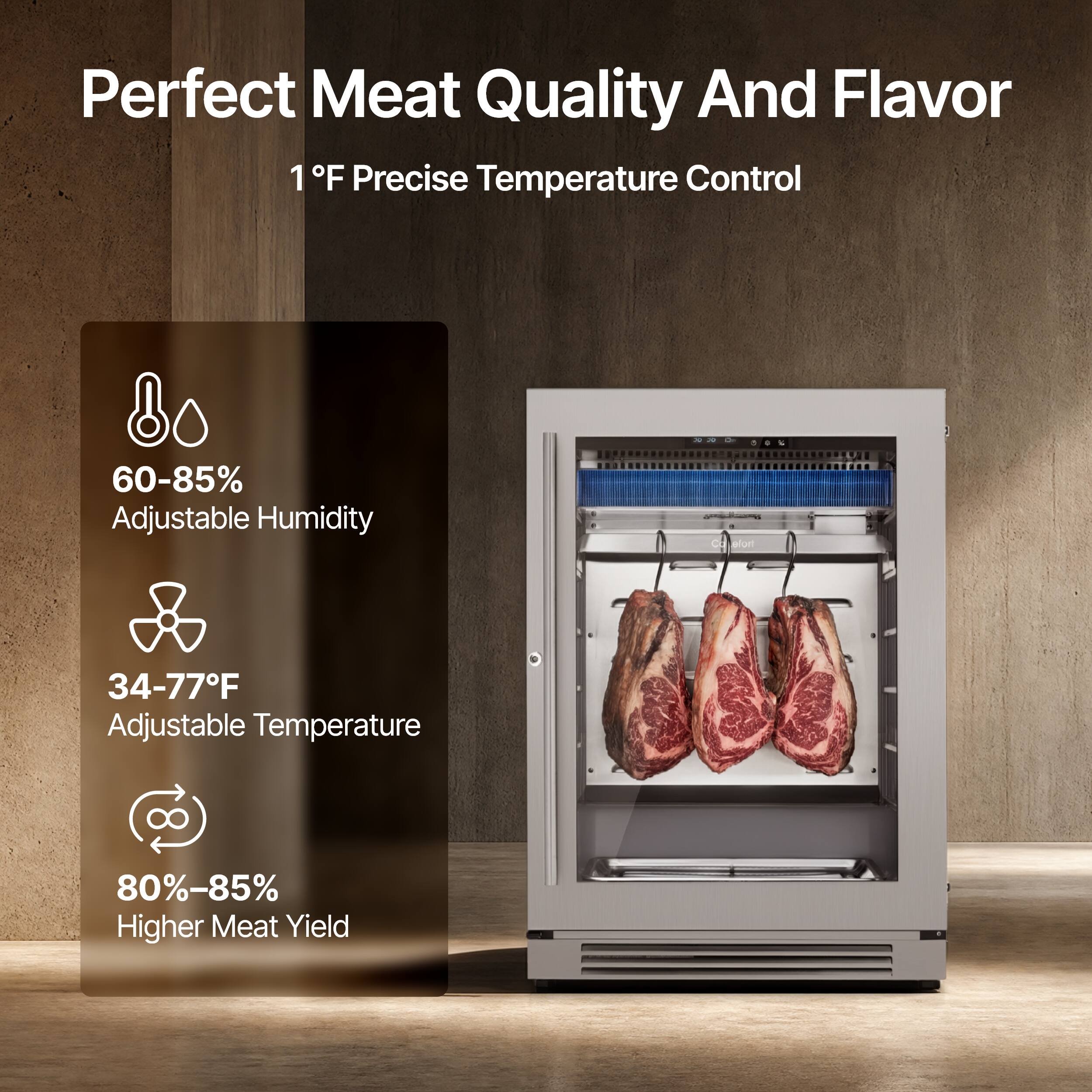 Perfect Meat Quality And Flavor  
1°F Precise Temperature Control  
60-85% Adjustable Humidity  
34-77°F Adjustable Temperature  
80%-85% Higher Meat Yield