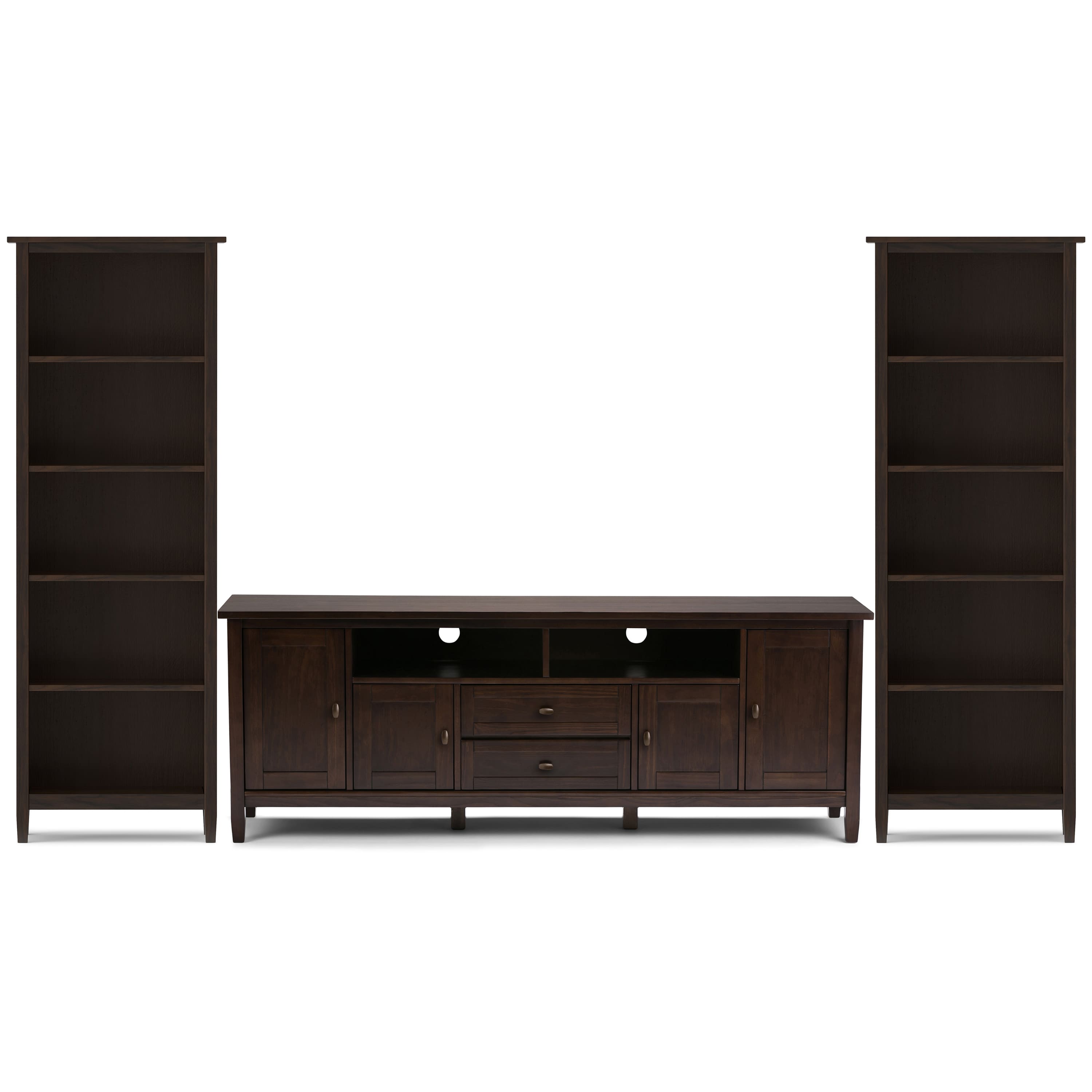 Simpli Home - Warm Shaker 72 inch TV Stand with 26 inch Bookcases (Set of 3) - Tobacco Brown