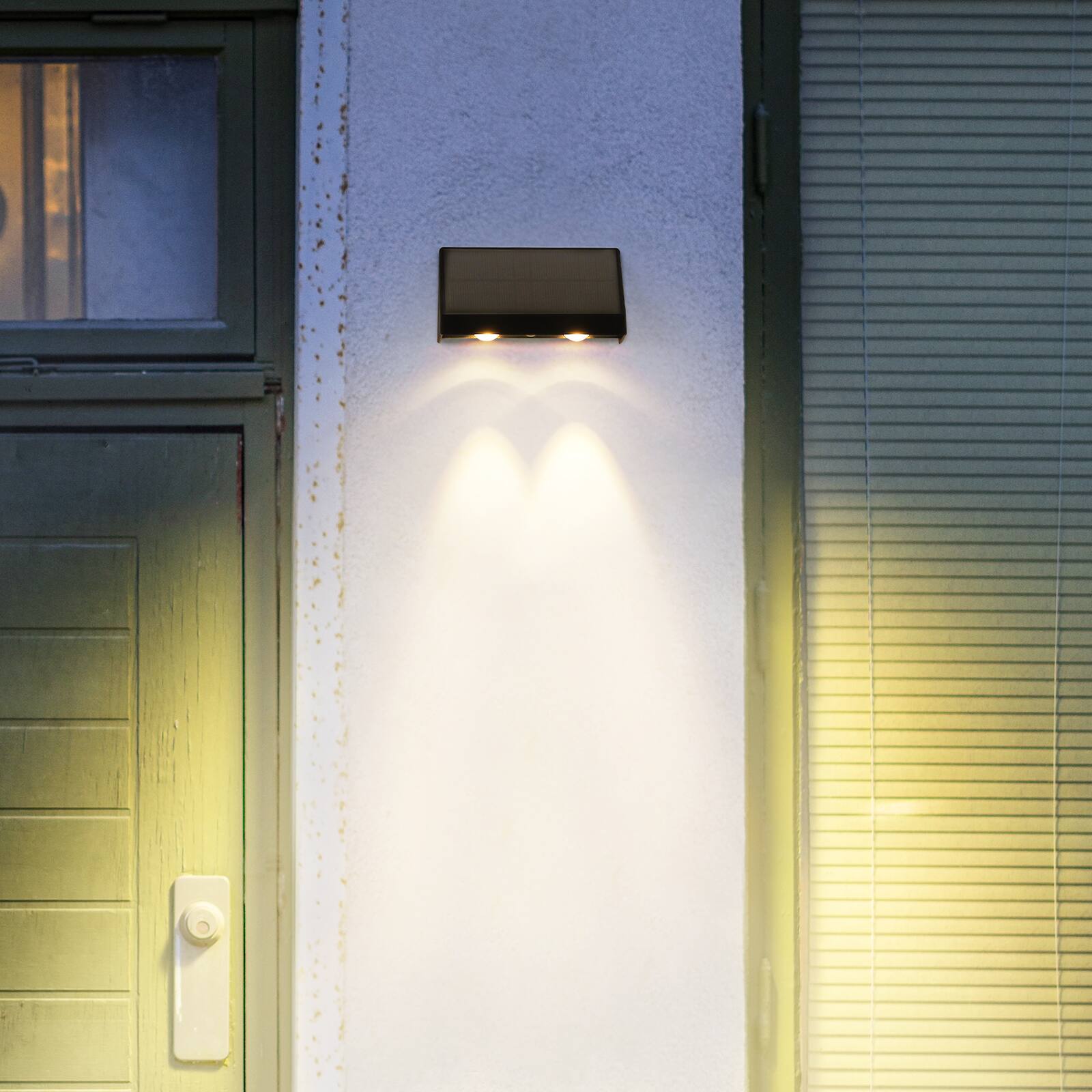 Back. Oumilen - 8 Pack Solar Up-Down Outdoor Wall Lights – Warm White Double LED Solar Wall Mount Sconce for Patio.