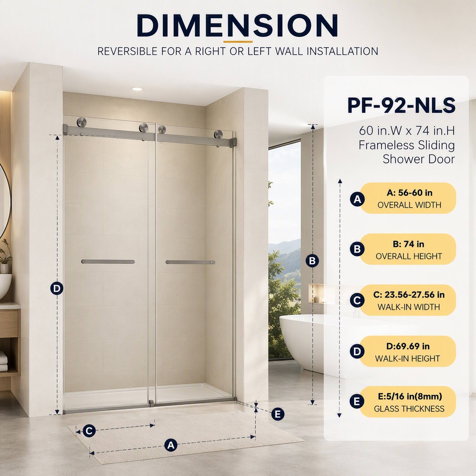 RYHNUYNE Frameless Double Sliding Shower Door 56 60