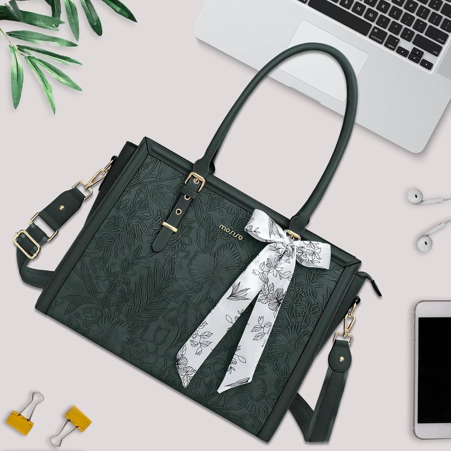 Alt View 3. mosiso - Laptop Bag for Women 15-15.6 inch PU Leather Tote Bag Work Briefcase Computer Bags - Emerald Green.