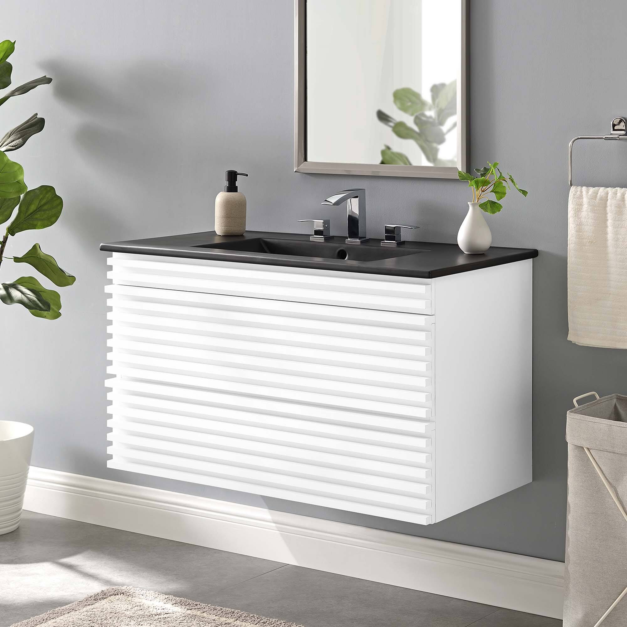 Front. Modway - Render Wall-Mount Bathroom Vanity with Black Basin Included - White Black.