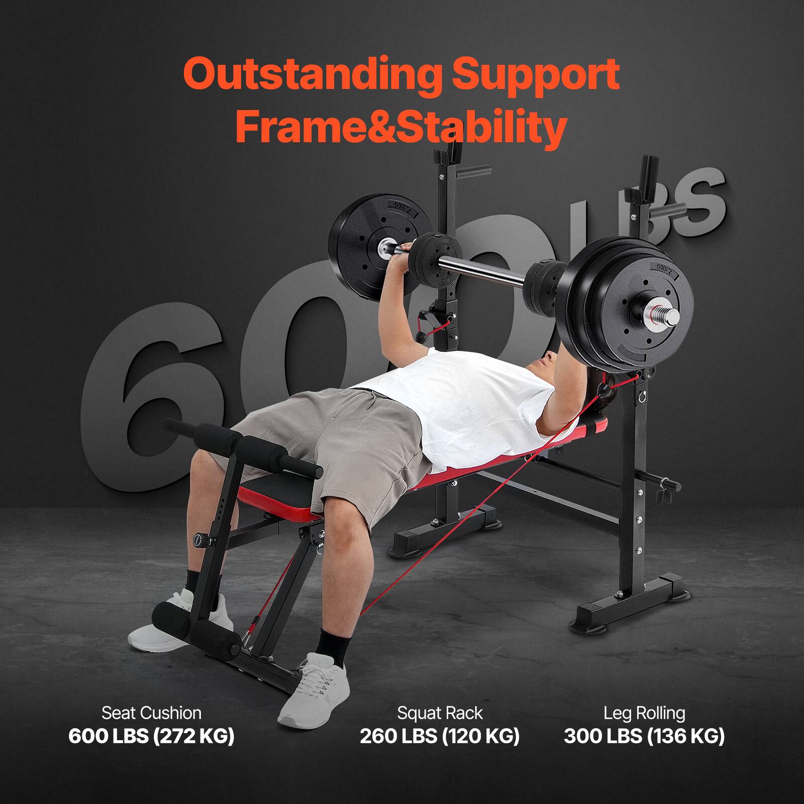 Outstanding Support Frame & Stability

Seat Cushion: 600 LBS (272 KG)

Squat Rack: 260 LBS (120 KG)

Leg Rolling: 300 LBS (136 KG)