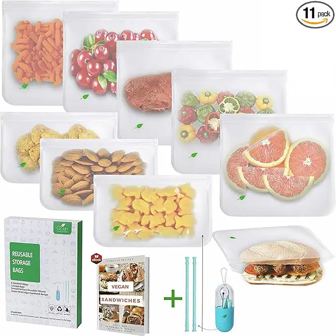 Amber Sporting Goods - Reusable Food Storage Set – 6 Sandwich Bags, 3 Snack Bags & Silicone Straw Set for Kids - Clear