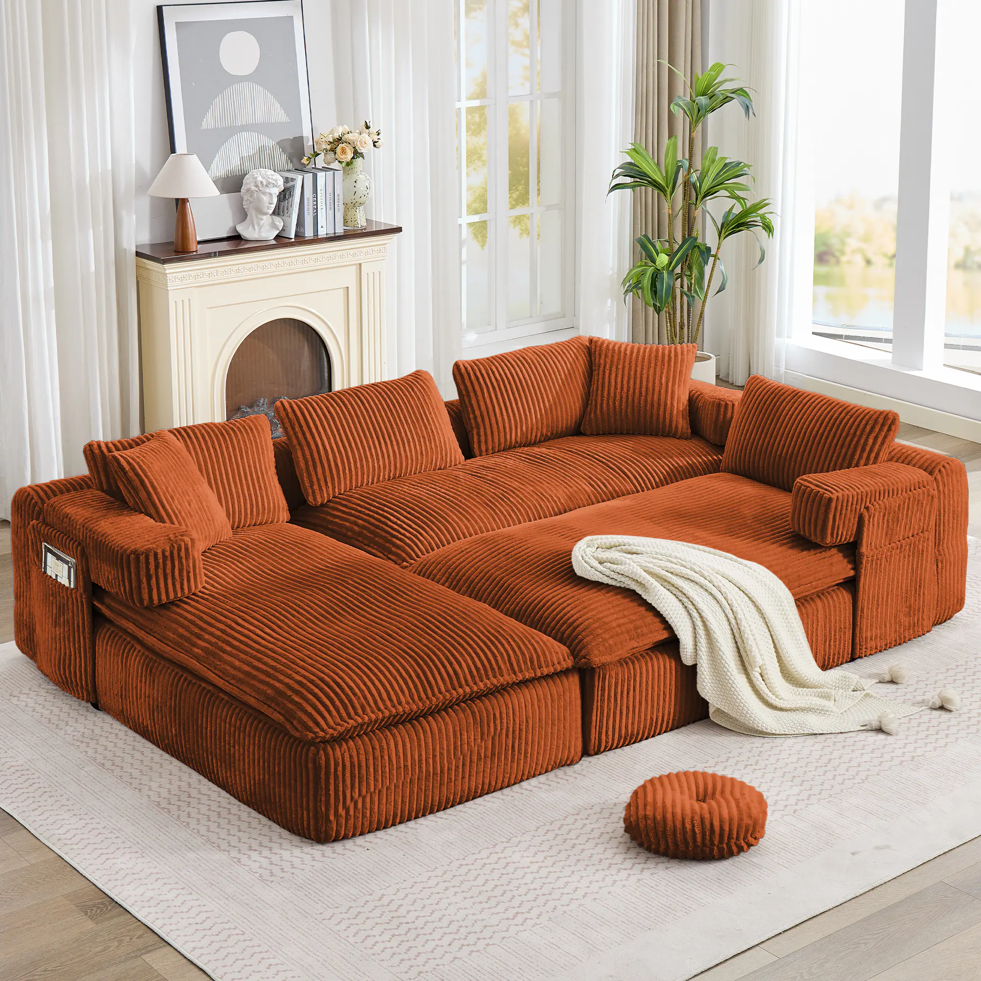 Left. Anysun - 149" Oversized U-Shaped Sectional Sofa – Deep Seat, Side Pocket, Movable Armrests, Corduroy – No Assembly Required - Orange.