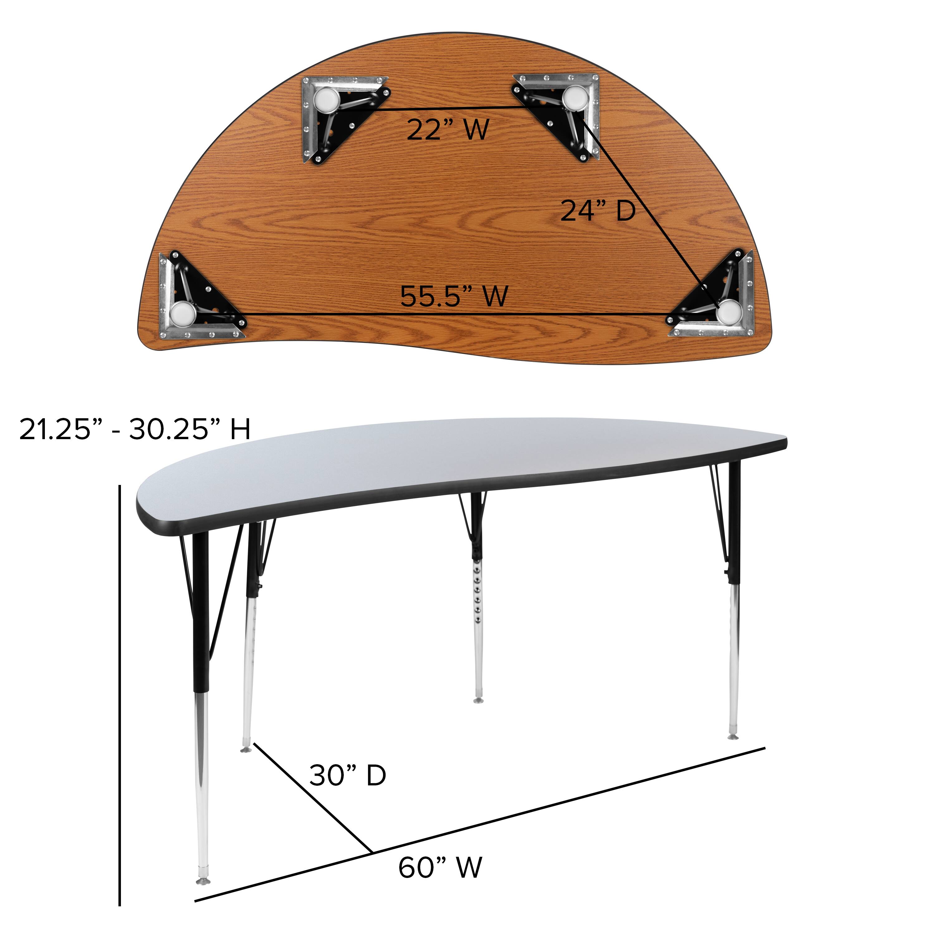 22" W  
24" D  
55.5" W  
21.25" - 30.25" H  
30" D  
60" W