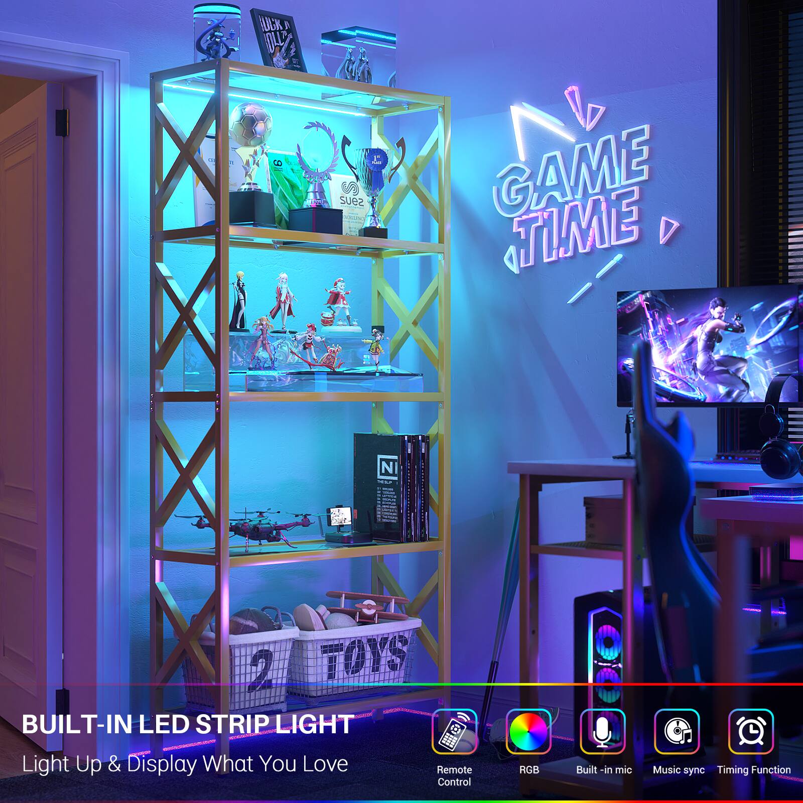 FUGK A SOUZ - a 6 | I S suez  - GAME TIME N  - - S - I | - - I | | : - | 2 TOYS BUILT-IN LED STRIP LIGHT D Light Up & Display What You Love Remote Control RGB Built-in mic Music sync Timing Function