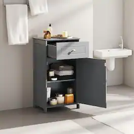 Pefilos - Single Door Bathroom Cabinet, Adjustable Shelf Drawer, Anti-Tipping - Gray