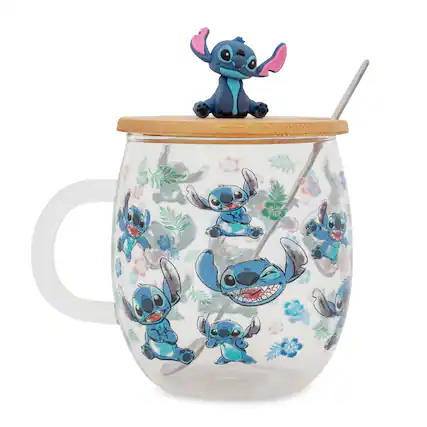 Front. Silver Buffalo - Disney Lilo & Stitch Expressions Glass Mug With Lid and Spoon | Holds 17 Ounces - Clear.
