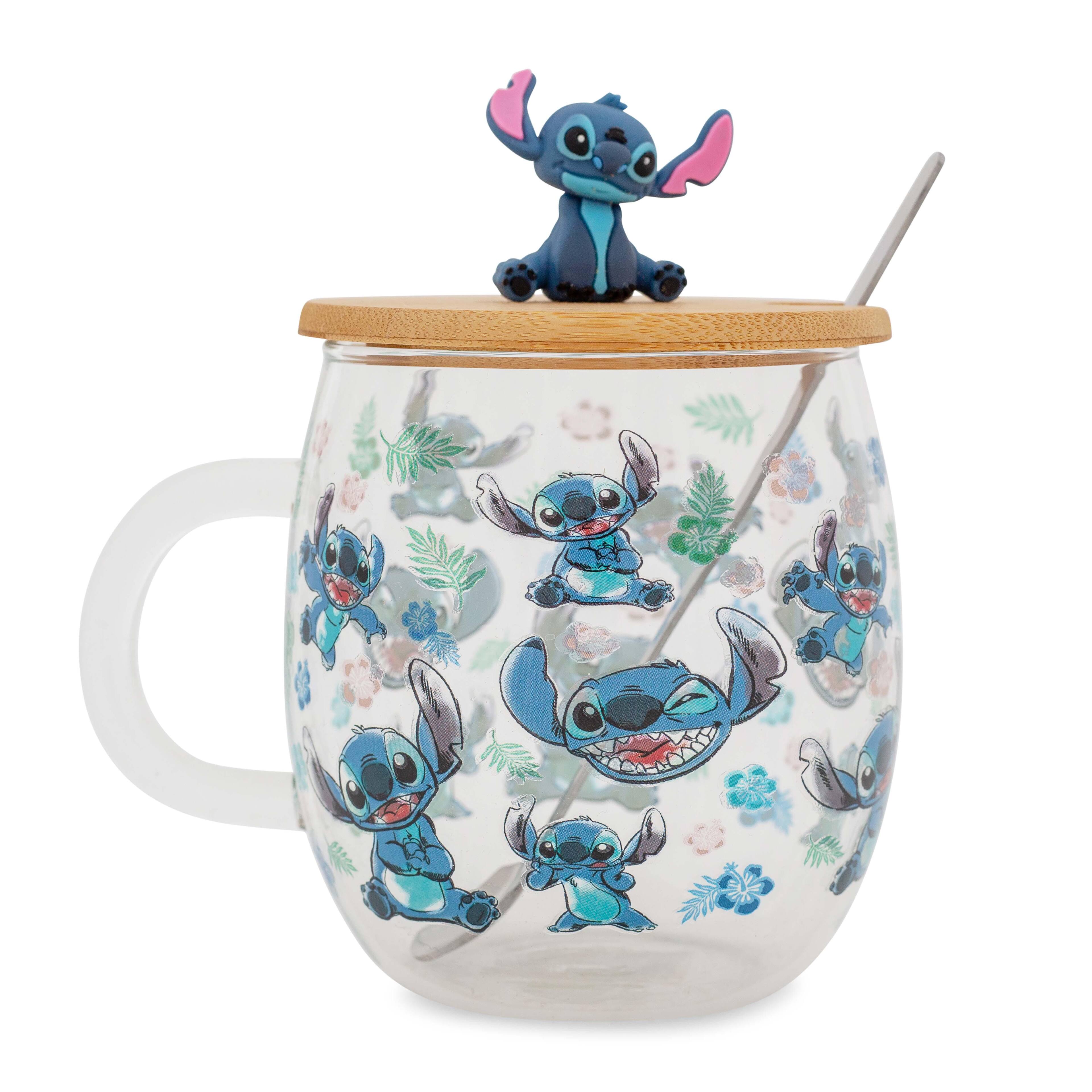 Front. Silver Buffalo - Disney Lilo & Stitch Expressions Glass Mug With Lid and Spoon | Holds 17 Ounces - Clear.