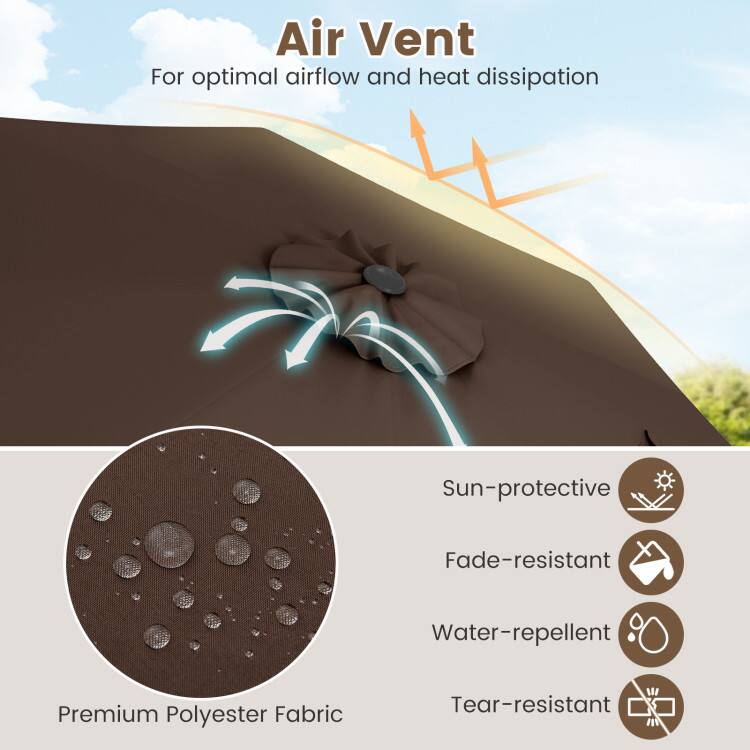 Air Vent  
For optimal airflow and heat dissipation  

Sun-protective  
Fade-resistant  
Water-repellent  
Premium Polyester Fabric  
Tear-resistant
