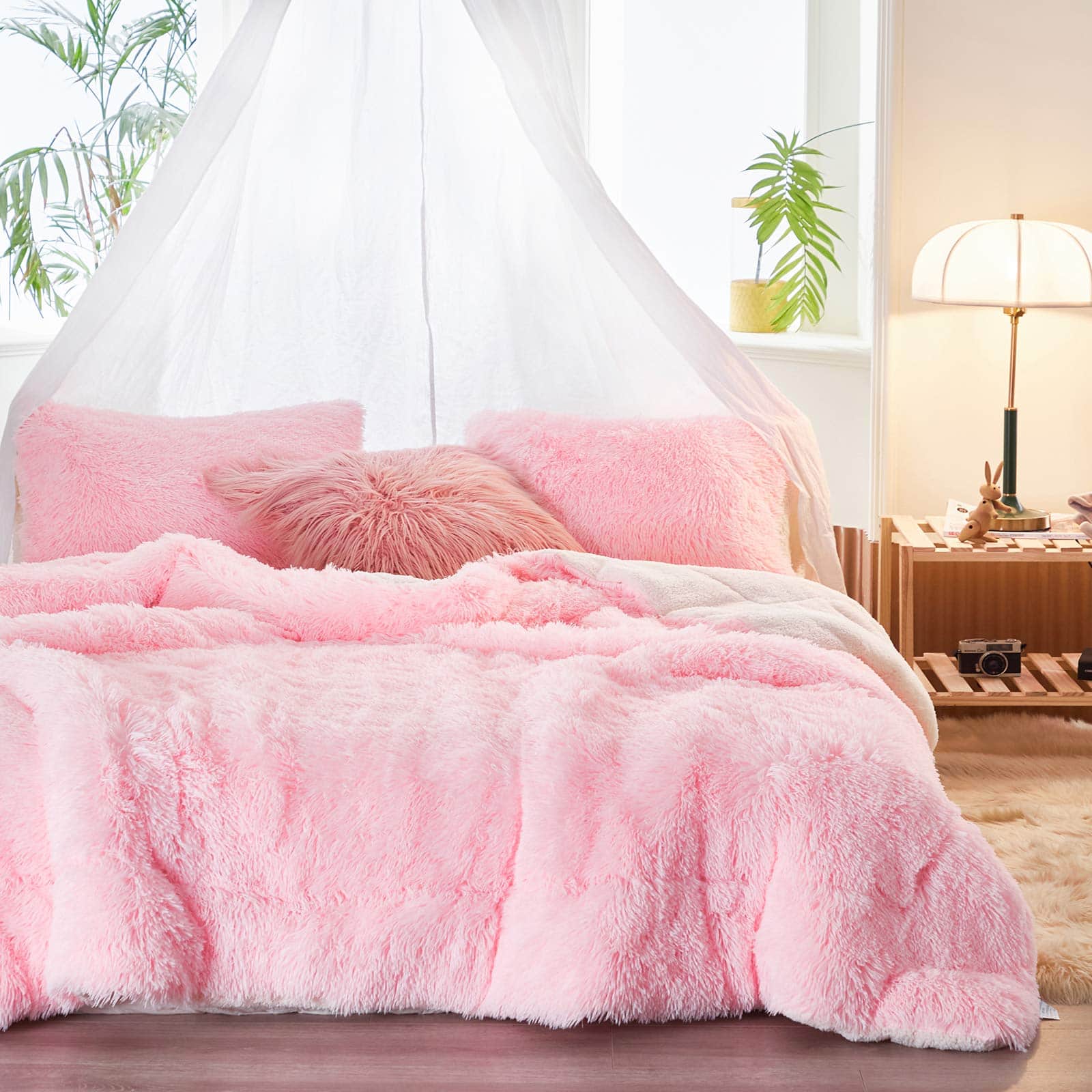 Stylel Star - 3-piece Plush Shaggy Comforter Set Full/queen Size Luxury Faux Sherpa Reversible Bedding Ultra Cozy Warm Fluffy - Pink-King (100"x88")