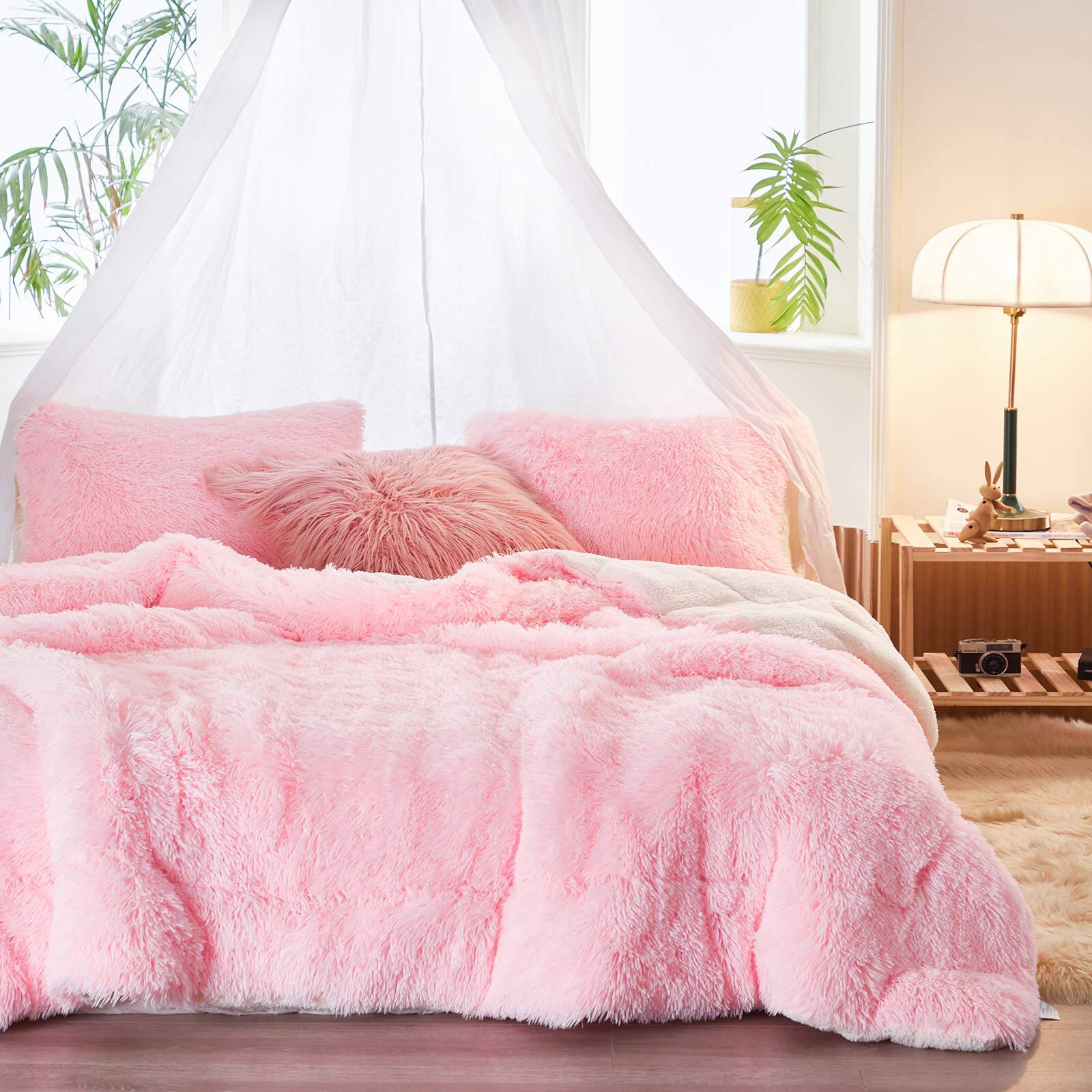 Stylel Star - 3-piece Plush Shaggy Comforter Set Full/queen Size Luxury Faux Sherpa Reversible Bedding Ultra Cozy Warm Fluffy - Pink-King (100"x88")