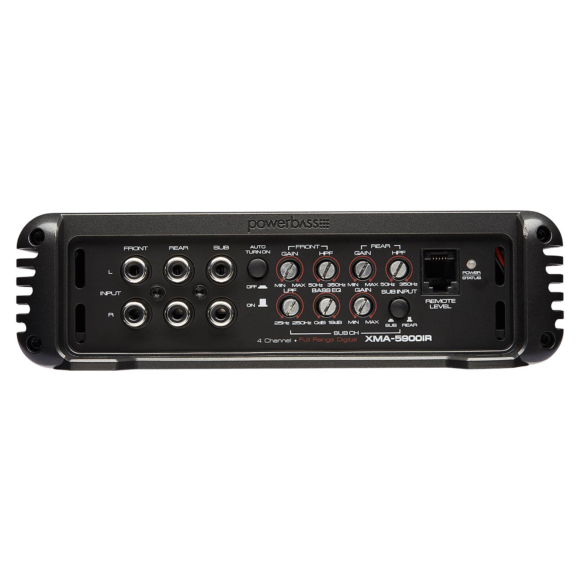 powerbass:  
- FRONT  
  - GAIN  
  - HF  
  - MIN MAX 50Hz 350Hz  
- REAR  
  - GAIN  
  - HF  
  - MIN MAX 50Hz 350Hz  
- SUB  
  - AUTO TURN ON  
  - GAIN  
  - SUBOUTPUT  
  - MIN MAX 250Hz 100Hz  
- SUBCH  
  - MIN MAX  
- REMOTE LEVEL  
- INPUT  
- ON/OFF  
- 4 Channel  
- XMA-5900IR  
- Full Range Digital
