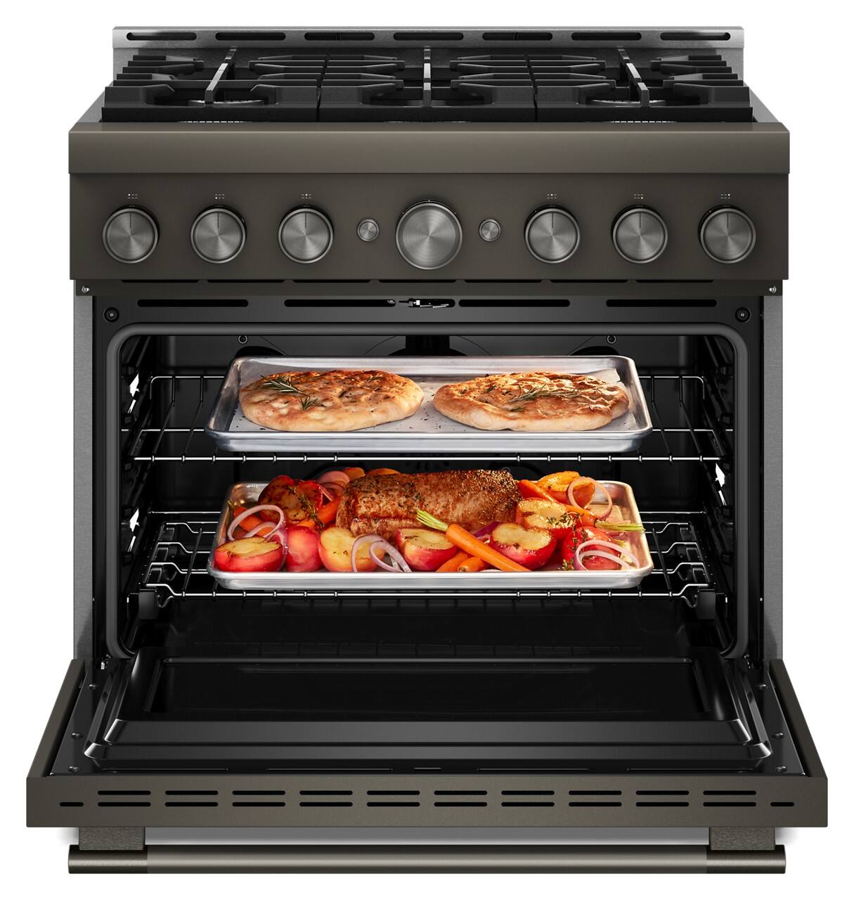 Alt View 2. KitchenAid - 5.1 Cu. Ft Commercial Gas Range with No Preheat Air Fry Mode and 6 Burner - Black Ore.