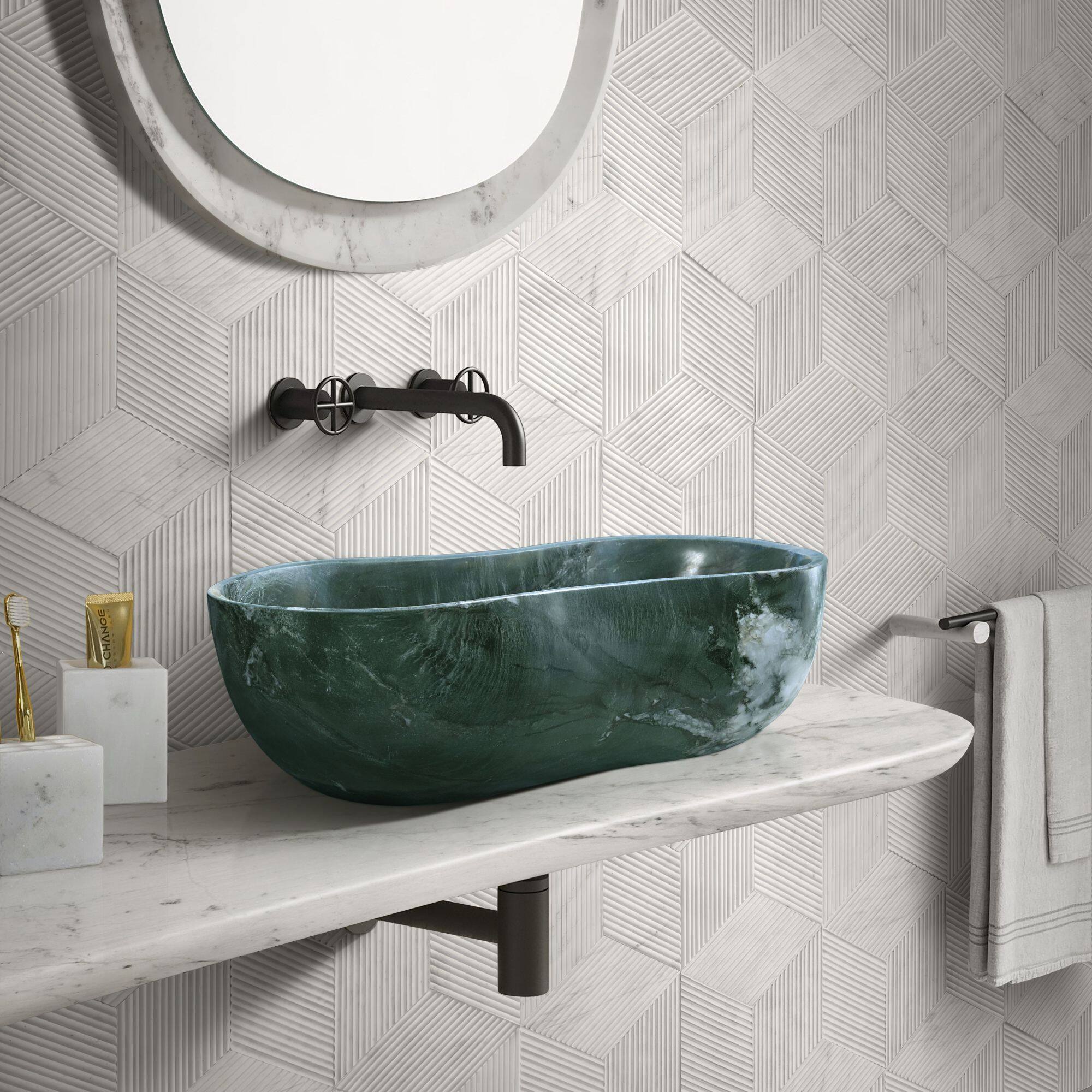 Angle. ELEMENT ACE - Elegant Natural Marble Bathroom Vessel Sink with Polished Surface, Wavy Design for Modern Decor - Green.